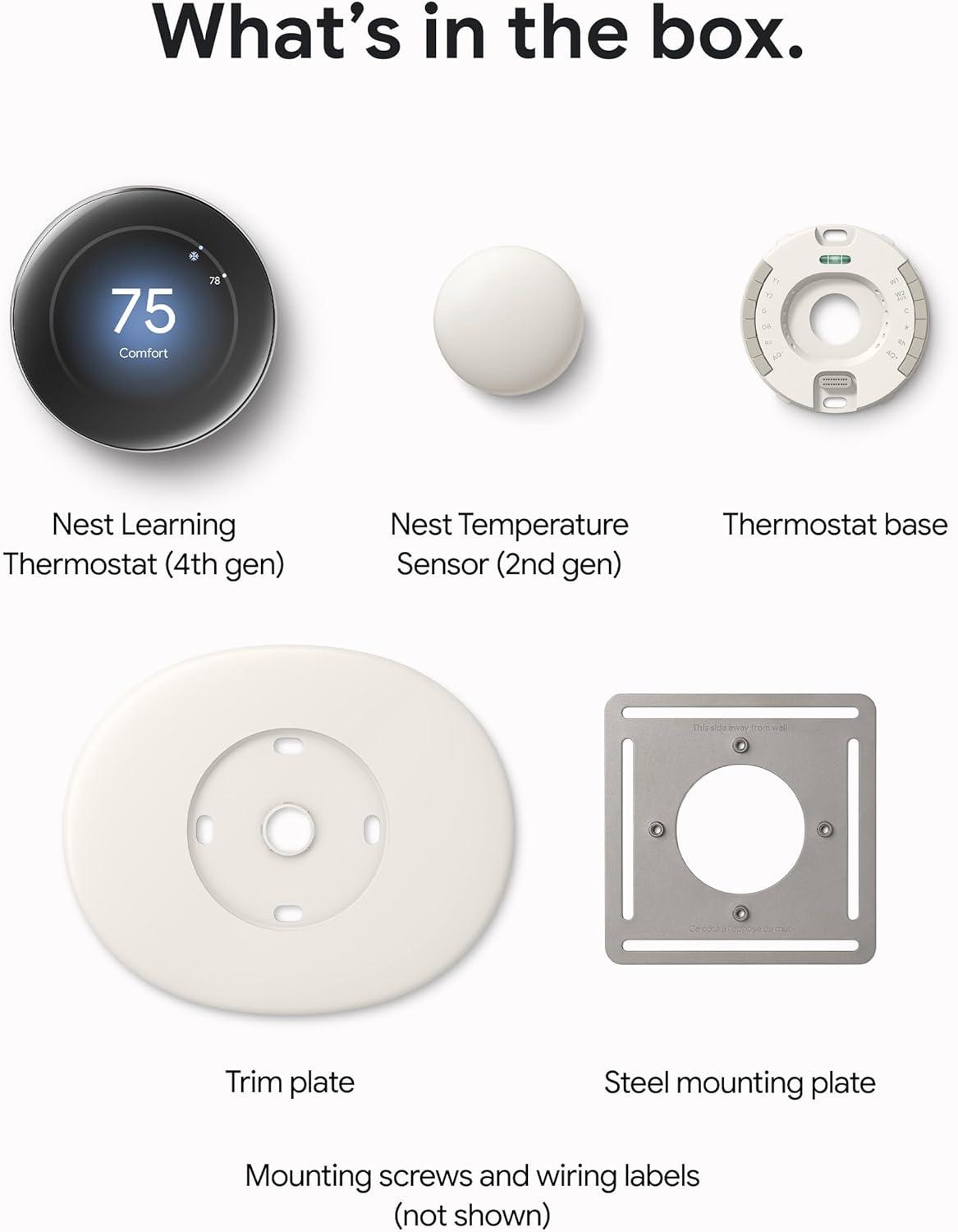 Google Nest Learning Thermostat (4th Gen) with Nest Temperature Sensor (2nd Gen) - Silver: Wi-Fi, Energy Star Certified