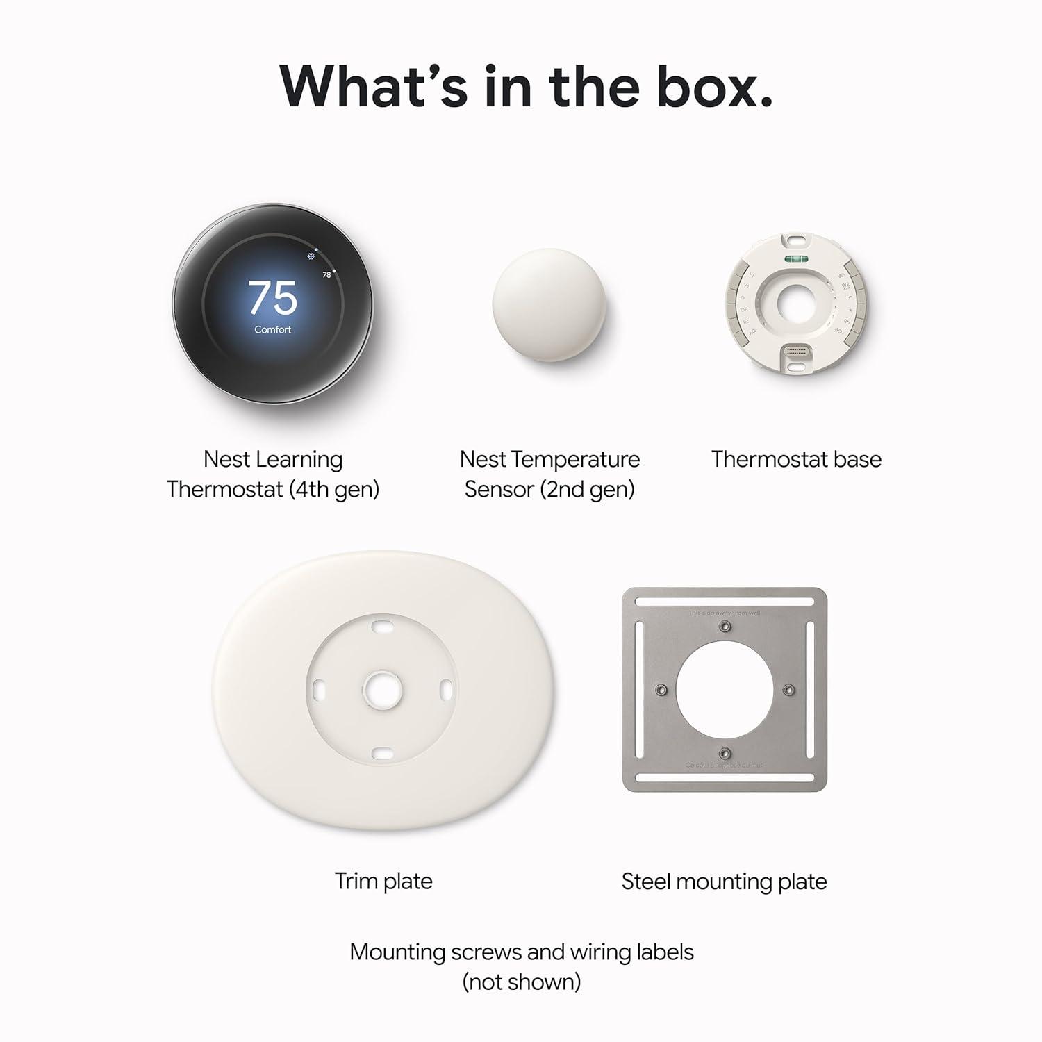 Google Nest Learning Thermostat (4th Gen) with Nest Temperature Sensor (2nd Gen) - Silver: Wi-Fi, Energy Star Certified