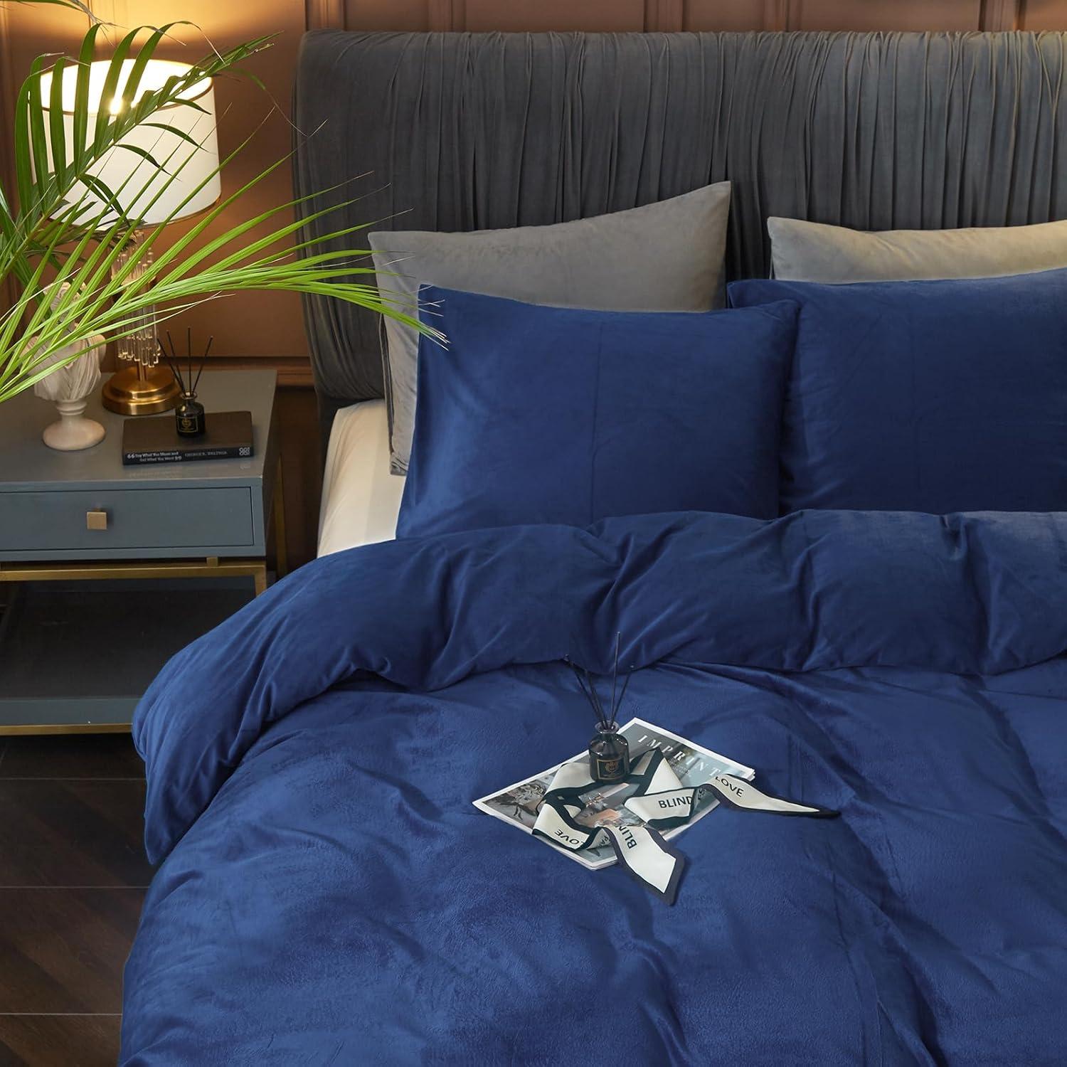 Ivellow Velvet Duvet Cover Queen Size 3 Pcs Flannel Navy Blue Duvet Cover Queen Velvet Comforter Cover Bedding Set Ultra Soft Cozy Solid Luxury Velour Duvet Cover Set Zipper Closure Corner Ties