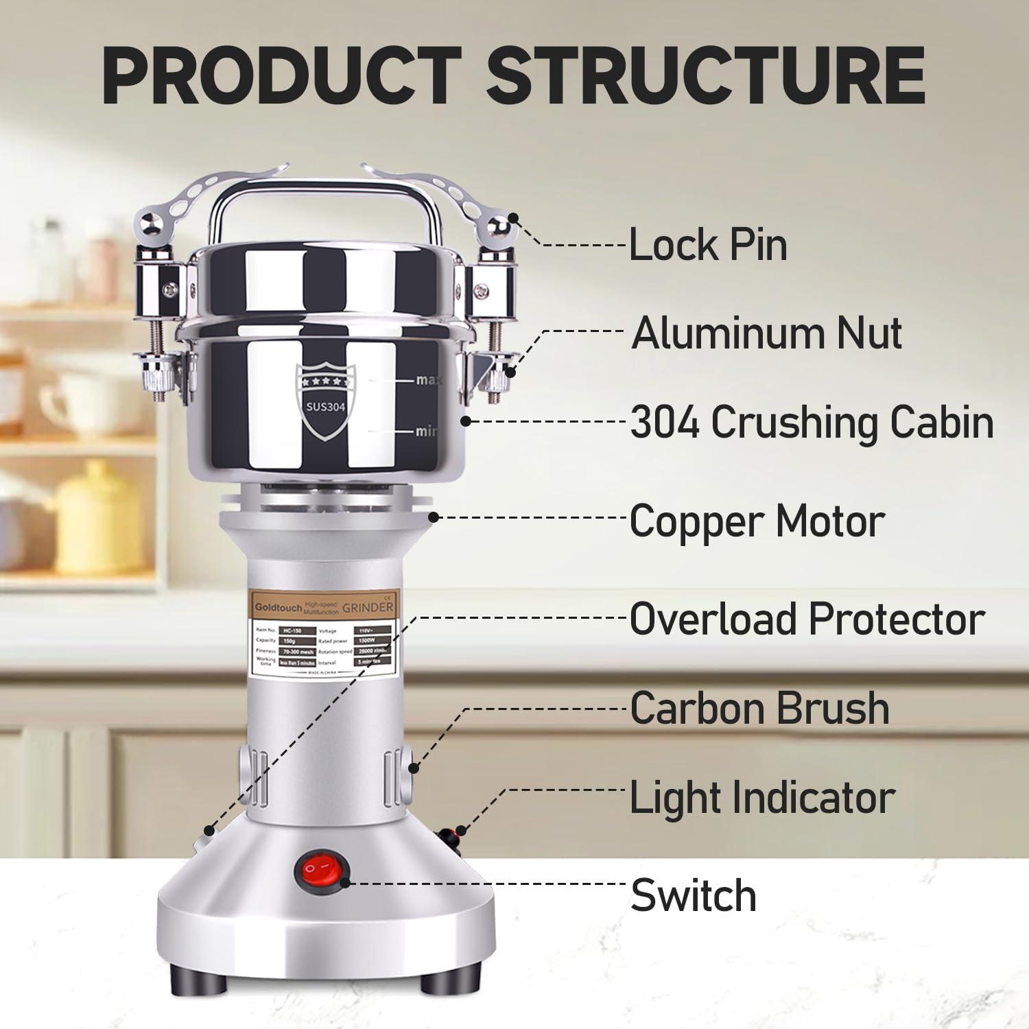 Goldtouch 150g Grain Mill Grinder 1500W Electric Stainless Steel Grain Grinder High-Speed Pulverizer Powder Machine for Dry Wheat, Oats, Corn, Pepper and Coffee Beans (150g Stand Type)