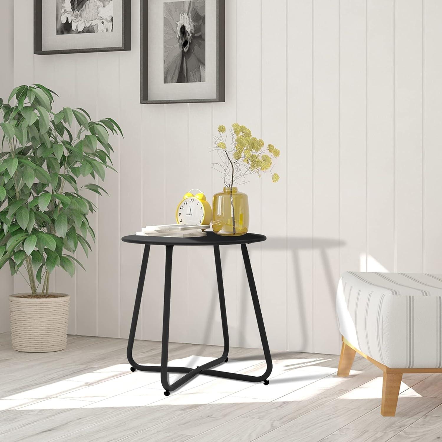 Black Round Steel Patio Side Table with Adjustable Feet