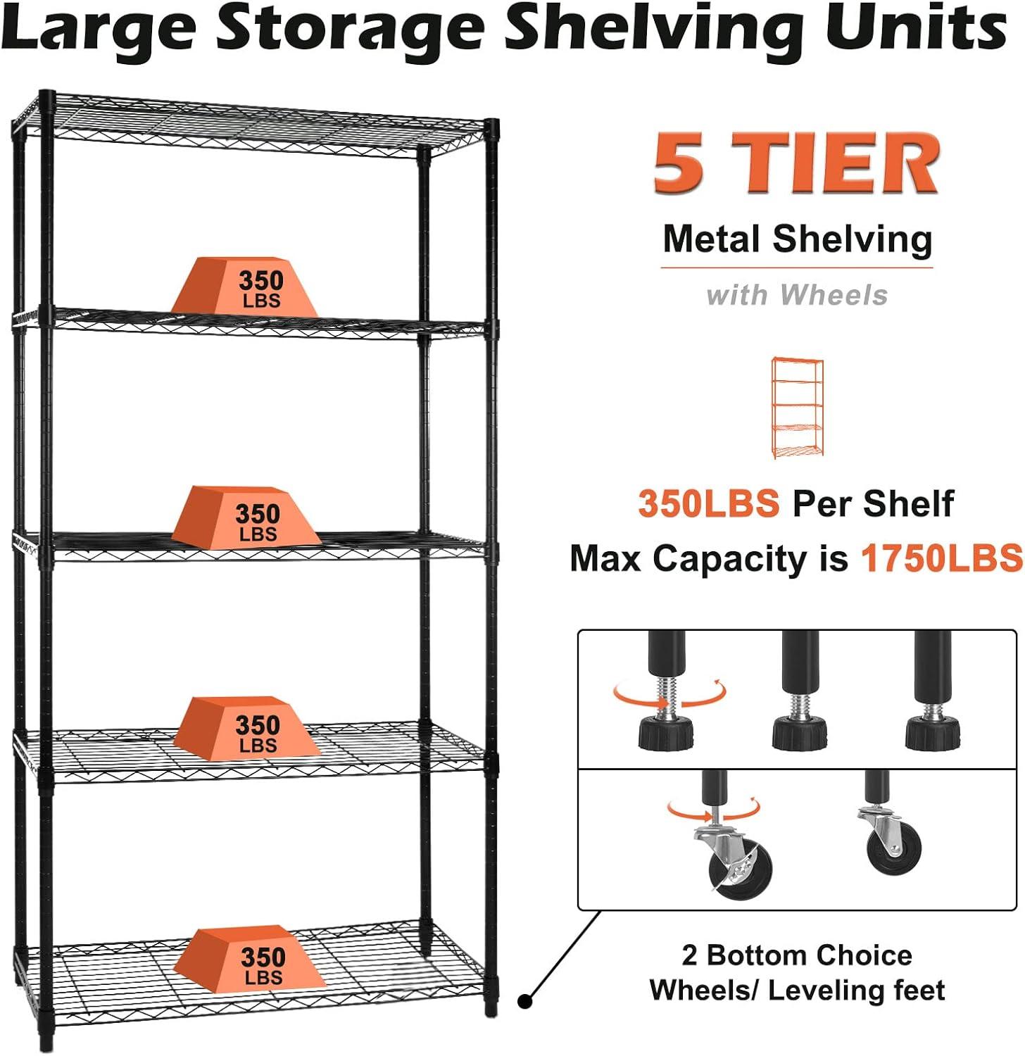 5 Tier NSF Metal Shelf Wire Shelving Unit, 60" H x 30" L x 14" D - 750lbs Capacity Heavy Duty Adjustable Storage Rack with Wheels & Shelf Liners for Closet Kitchen Garage Basement and More - Black