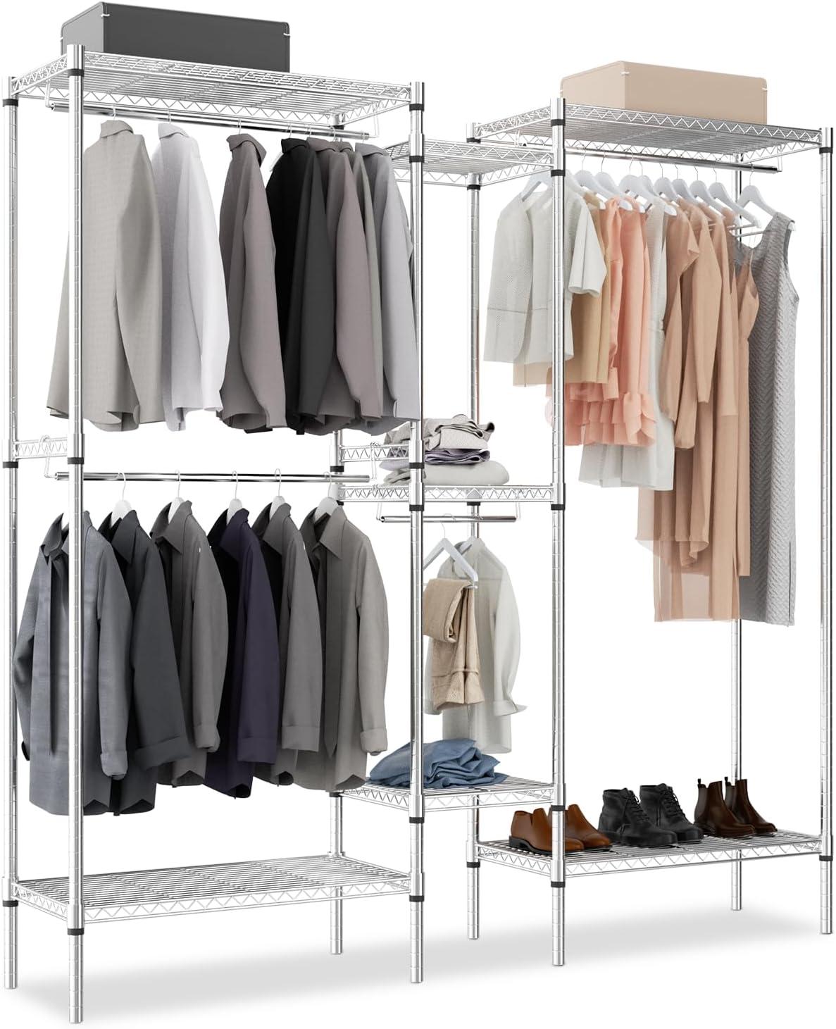 MoNiBloom Heavy Duty Clothes Rack, Clothing Rack for Hanging Clothes, Carbon Steel Garment Rack, Adjustable and Easy Assembly, 66"Lx13.5"Wx71"H, Silver