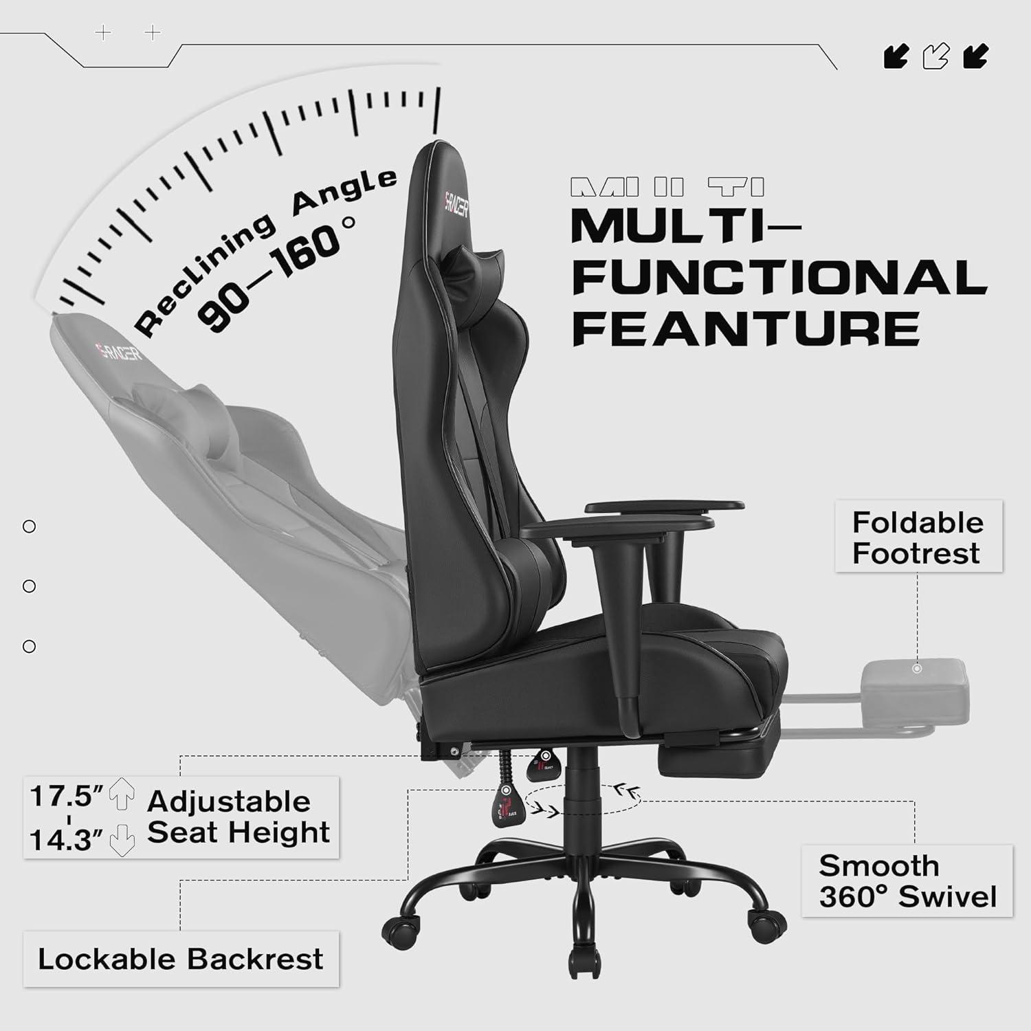 Killeryuki Gaming Chair Massage Computer Office Chair Ergonomic Desk Chair with Footrest Racing Executive Swivel Chair Adjustable Rolling Task Chair (Black)