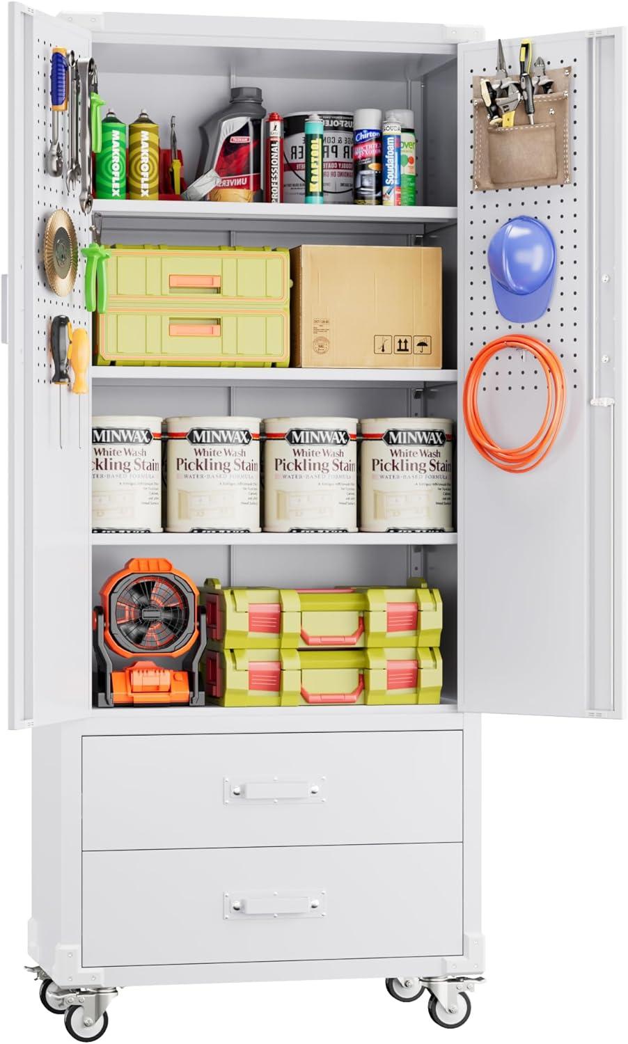 AOBABO 72 Inch Locking Metal Garage Home Office Storage Cabinet with Universal Rubber Wheels/Lockable Casters and Magnetic Doors, White