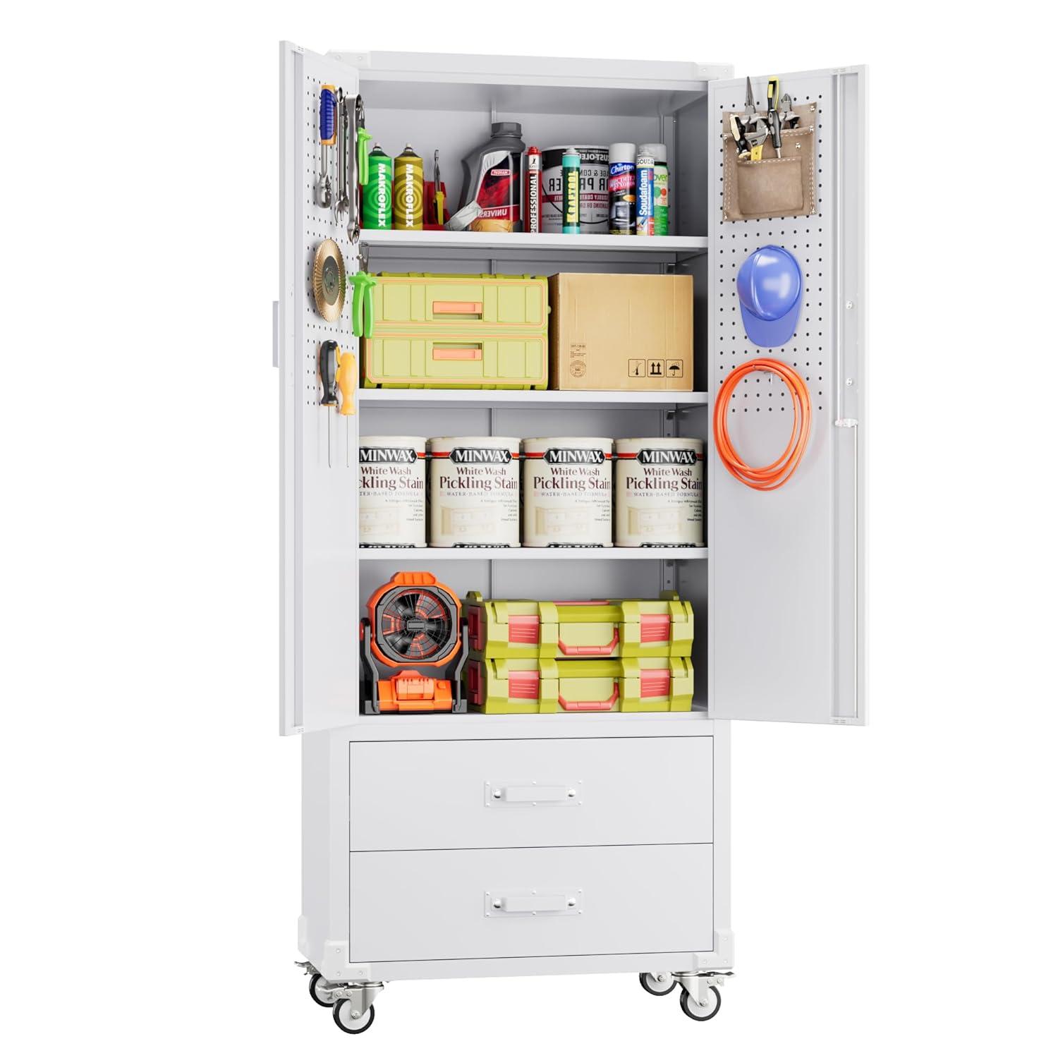 AOBABO 72 Inch Locking Metal Garage Home Office Storage Cabinet with Universal Rubber Wheels/Lockable Casters and Magnetic Doors, White