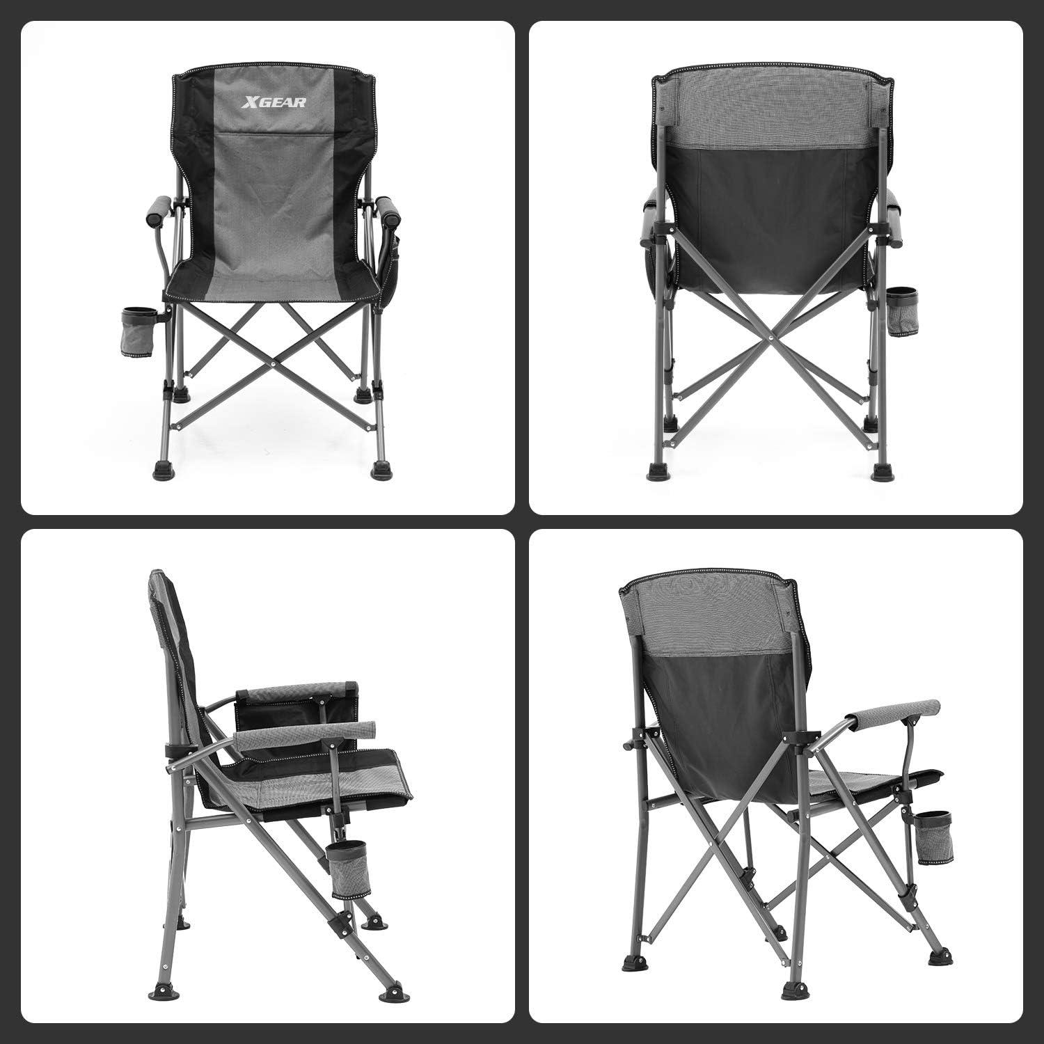 XGEAR Camping Chair Hard Arm High Back Lawn Chair Heavy Duty with Cup Holder, for Camp, Fishing, Hiking, Outdoor, Carry Bag Included
