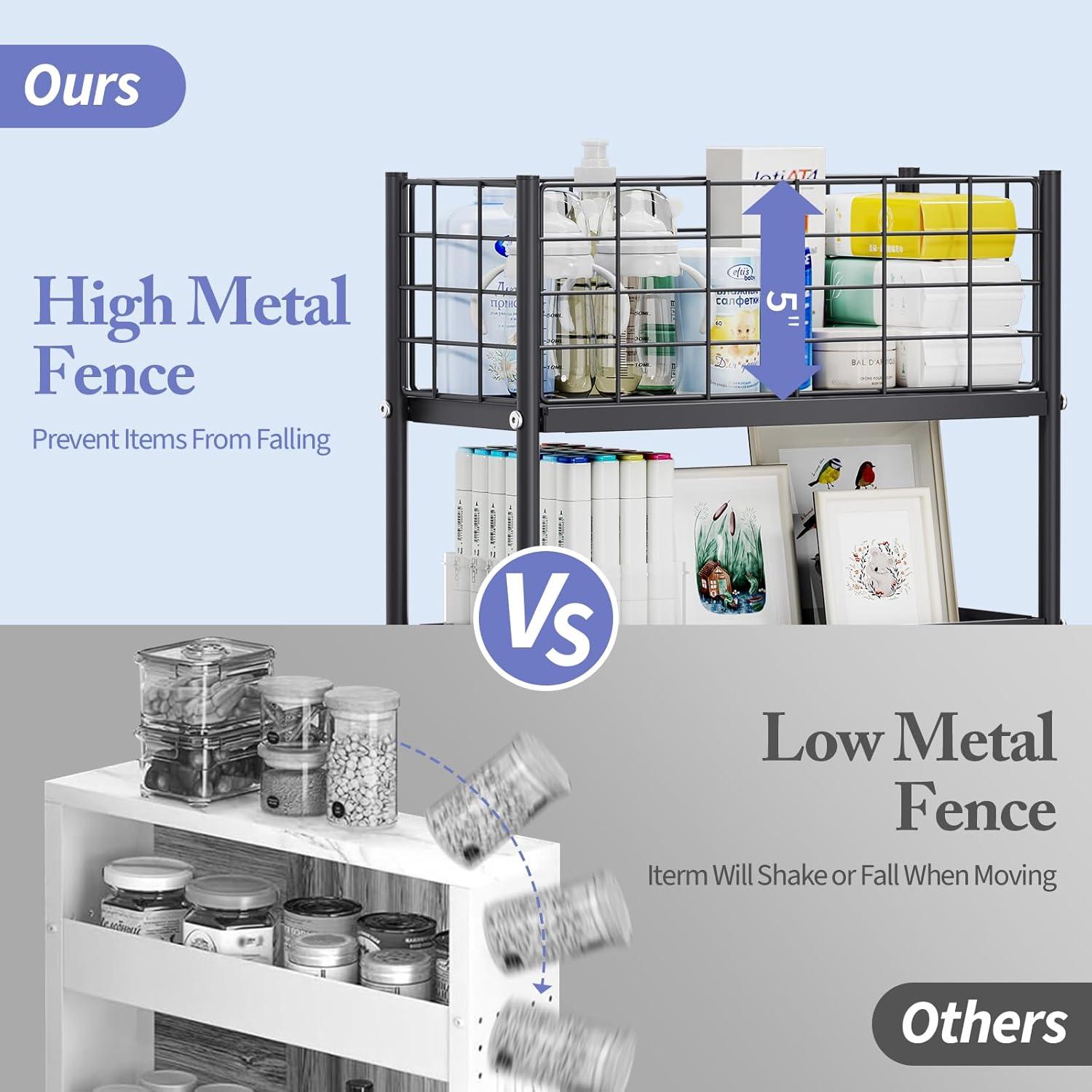 KINGRACK 4-Tier Slim Rolling Cart,Metal Utility Cart,Slide Out Storage Cart with Wooden Tabletop and Mesh Baskets for Narrow Space on Kitchen Bathroom Laundry Room Bedroom Apartments Dormitory, Black