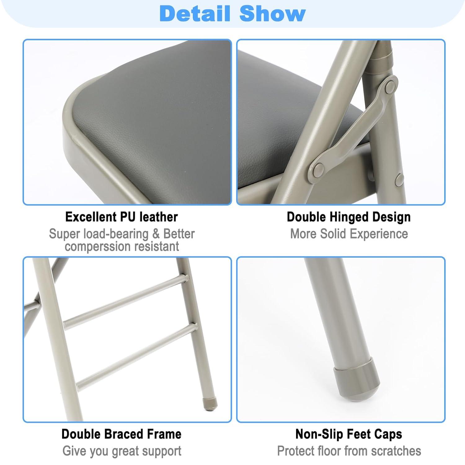 Folding Chairs with Padded Cushion and Back, 4pcs Potable Iron & PVC Durable Chairs for Indoor and Outdoor, School, Office and Garden Party, Gray