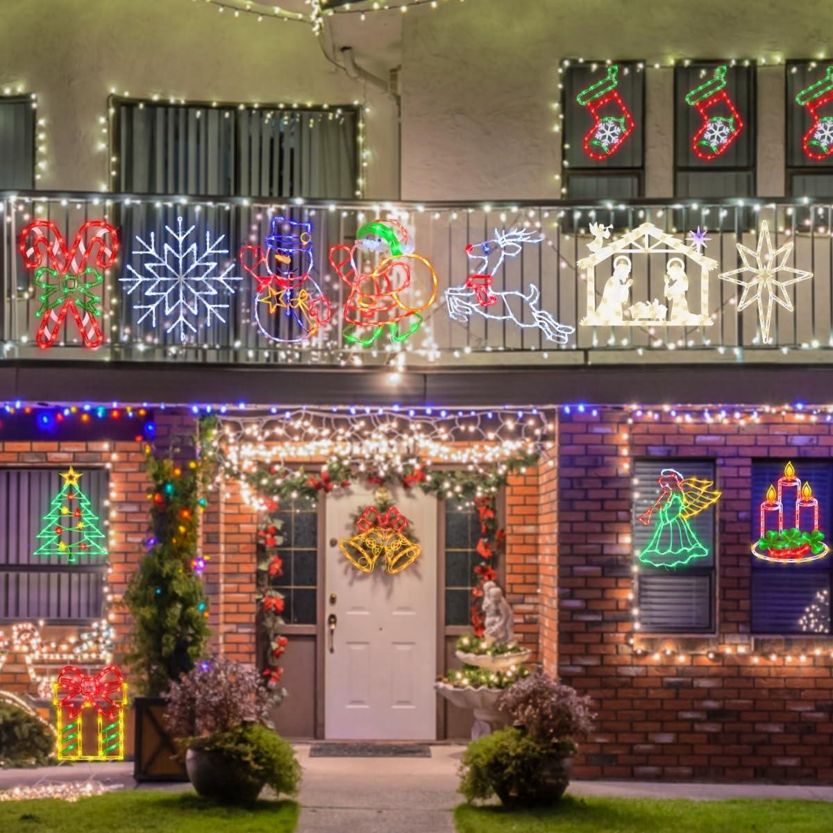 16 Inch Christmas Window Silhouette Lights Decorations, 4 Pack Waterproof Window Hanging Lights Elk, Christmas Tree, Santa Claus, Wreaths for Party, Home Indoor Outdoor Wall - 200 Mini Bulbs