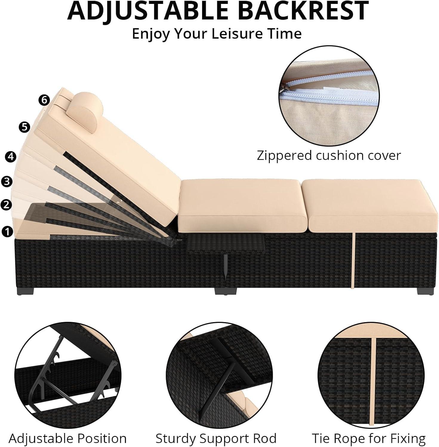 Lounge Chairs Outdoor Set of 2, PE Rattan Chaise Lounge Chair with 5-Position Adjustable Backrest for Patio Beach Pool Deck Backyard, Beige