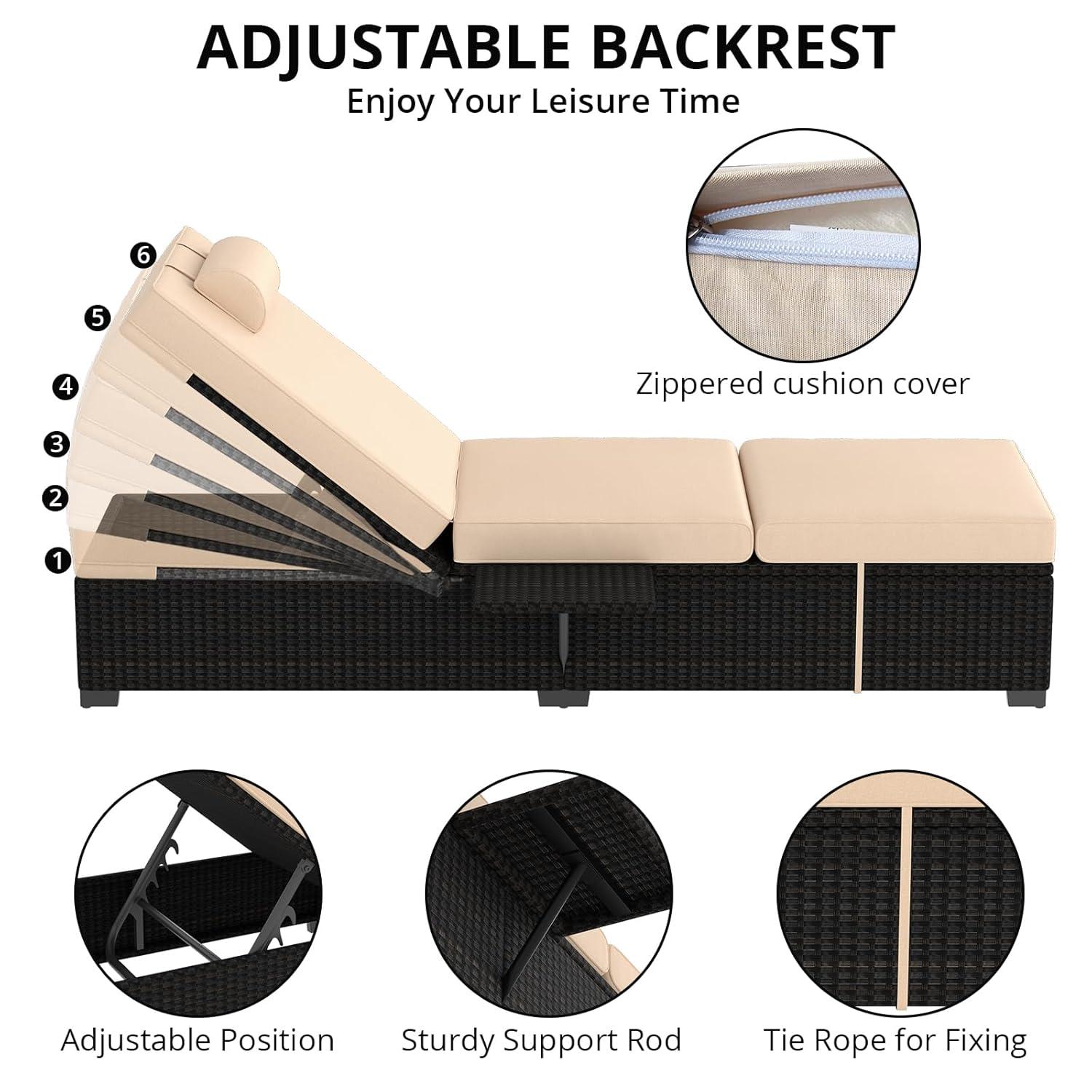 Lounge Chairs Outdoor Set of 2, PE Rattan Chaise Lounge Chair with 5-Position Adjustable Backrest for Patio Beach Pool Deck Backyard, Beige