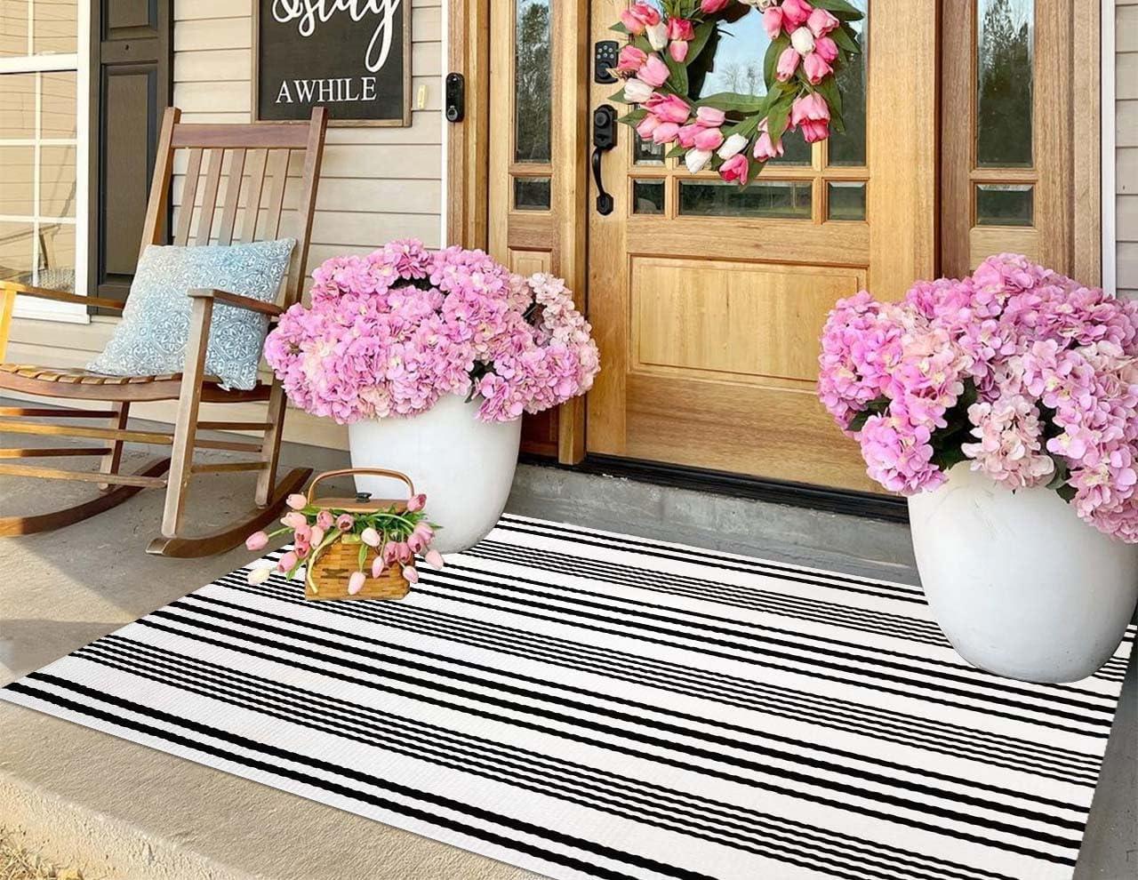 Black and White Striped Hand-Woven Outdoor Rug 24'' x 51''