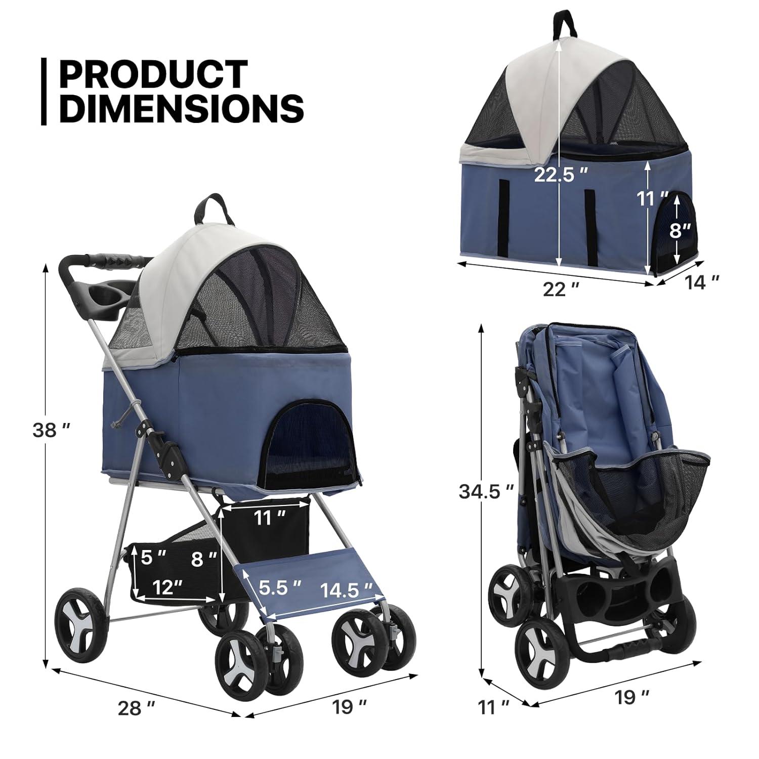 MoNiBloom 4 Wheel Foldable Dog Pet Stroller with Cup Holder, Navy Blue