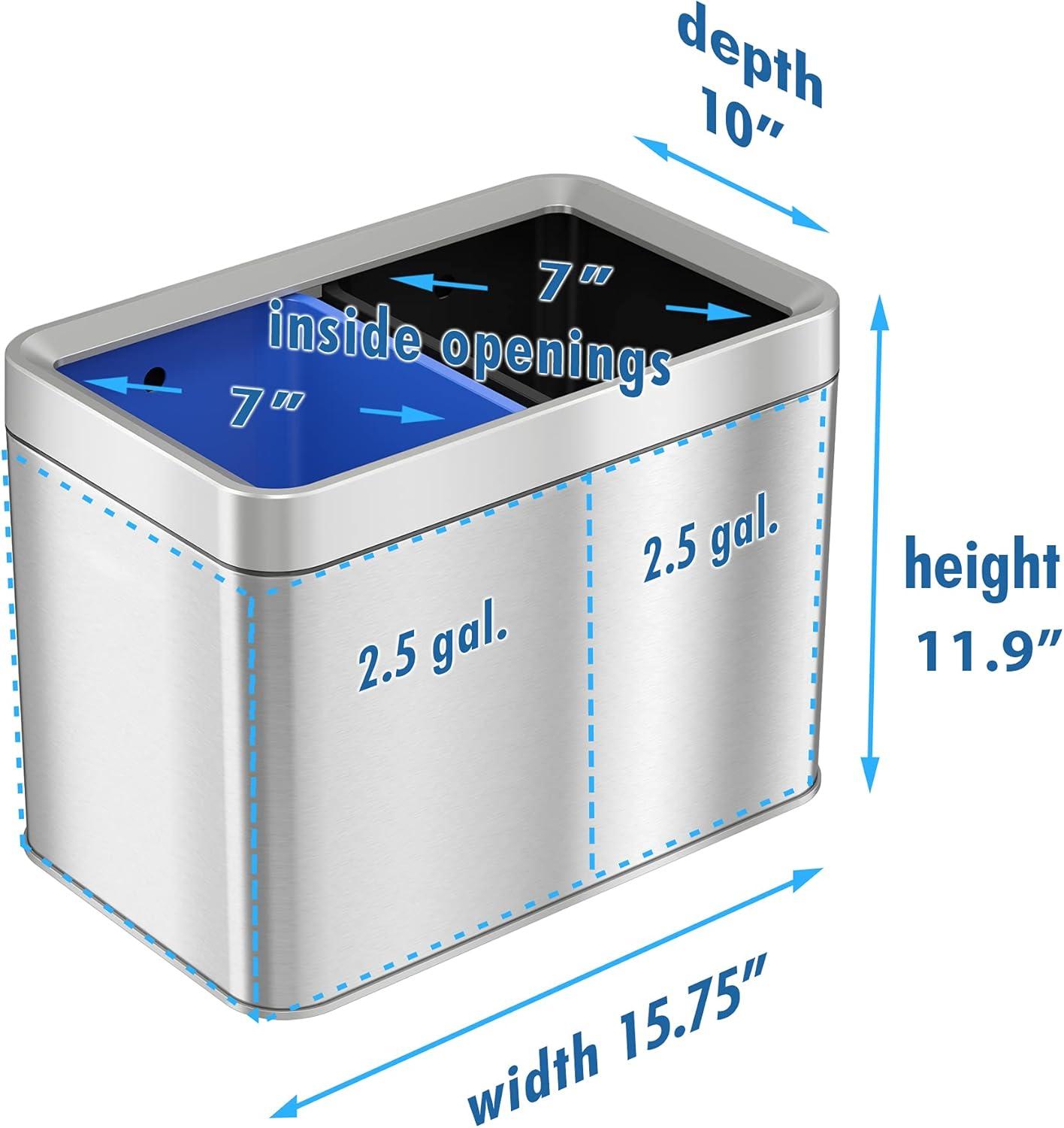 Brushed Silver Stainless Steel Dual Compartment Trash and Recycle Bin