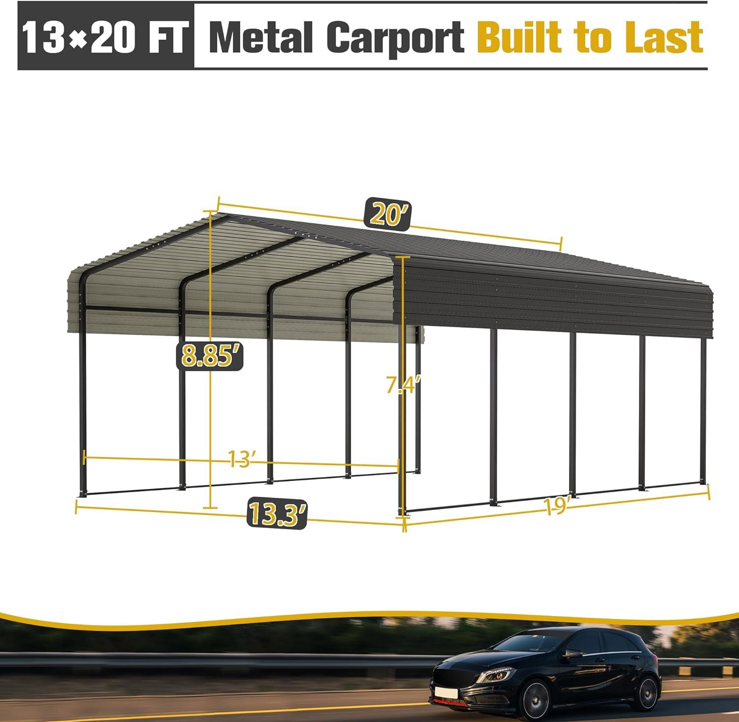 Thanaddo Car Port 13x20 FT Metal Carport Heavy Duty Carport Canopy Metal Garage Car Tent Outdoor Car Shelter Shade with Galvanized Steel Roof Frame for Car Truck Pickup SUV Tractor and Boat