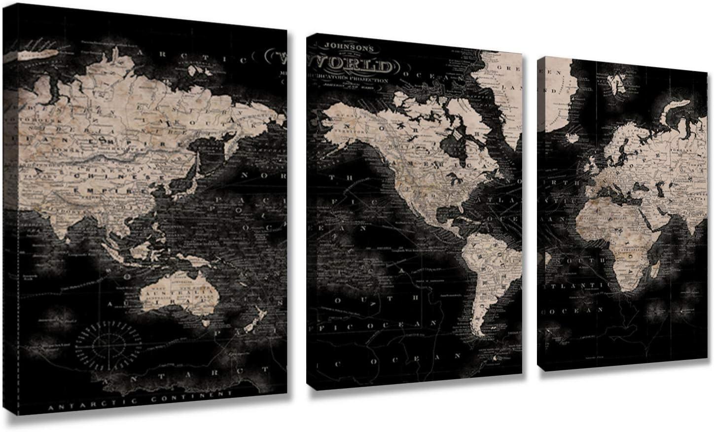 Vintage Black and Beige World Map Canvas Wall Art Set