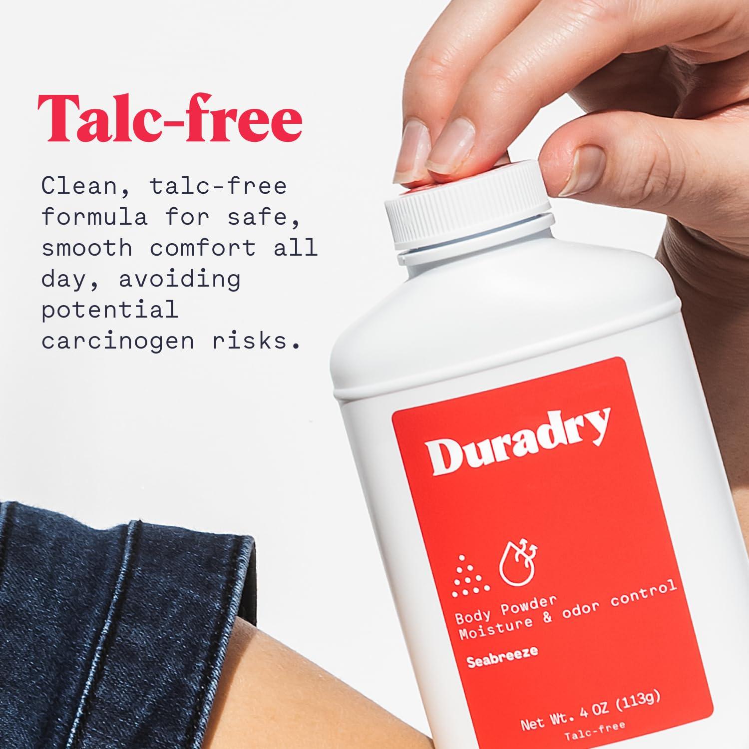 Duradry Body Powder - Sweat Defense & Odor Control, Sweat Absorbing, Anti-Chaffing, All Natural Powder, Talc-Free, Prevents and Eliminates Any Body Odor Naturally - Seabreeze, 4oz