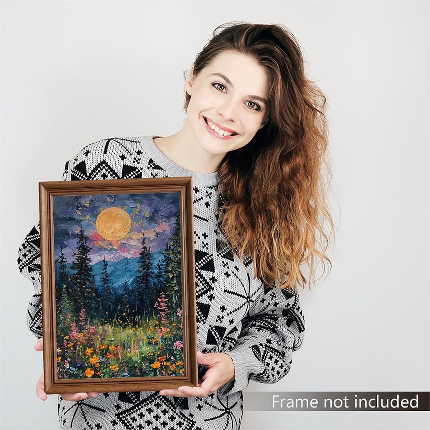 SYDposter Vintage Full Moon Above The Wildflowers Canvas Wall Art, Mystical Midnight Woodland Art Print Poster, Retro Flowers and Trees Nature Oil Painting, Dark Forest Landscape 12x16in Unframed