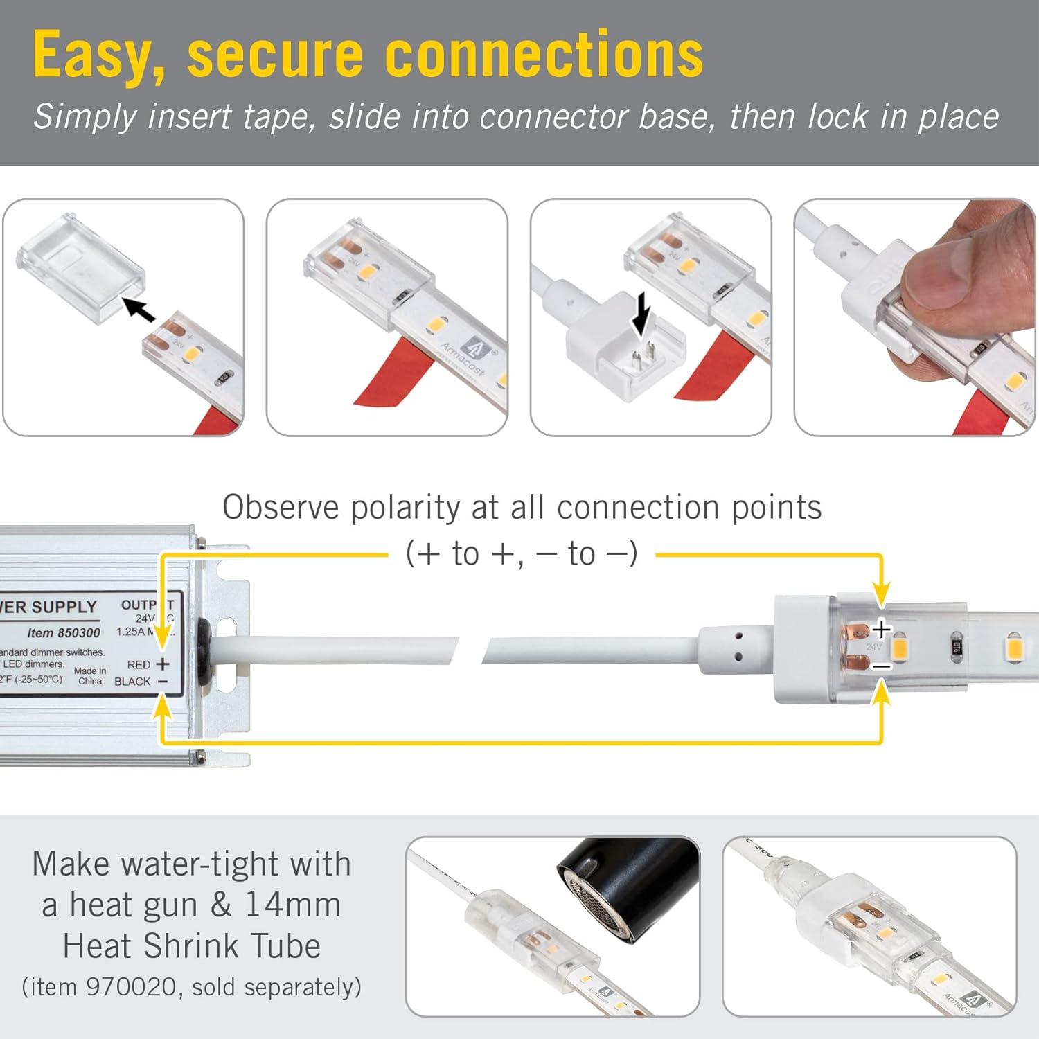 2 Pin LED Strip Light IP67 Outdoor 12 in Wire Lead Connector, 2 Pack