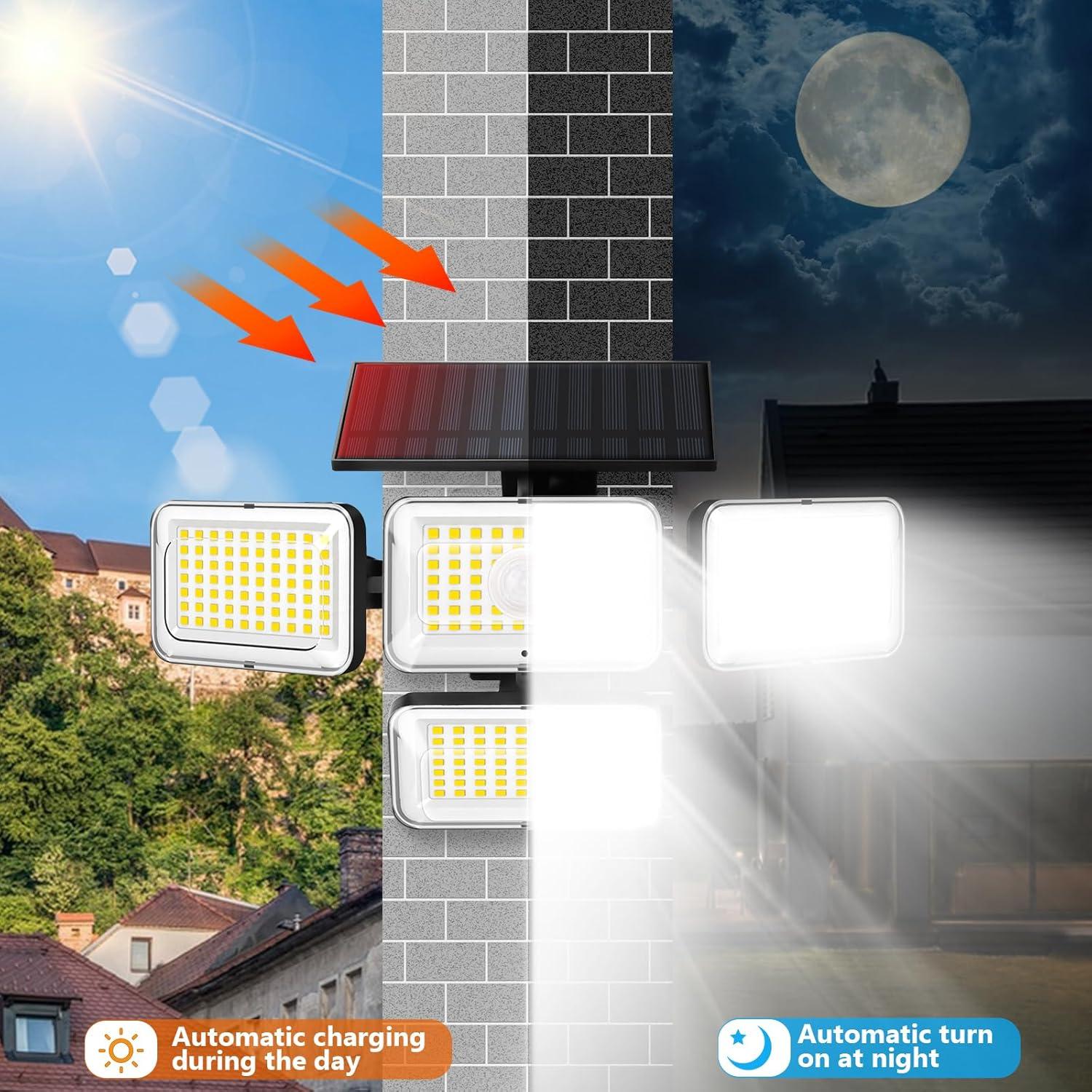 2 Pack 4 Heads Solar Flood Wall Lights,IP65 Waterproof Motion Sensor Outdoor Lights with Remote Control for Outside Yard