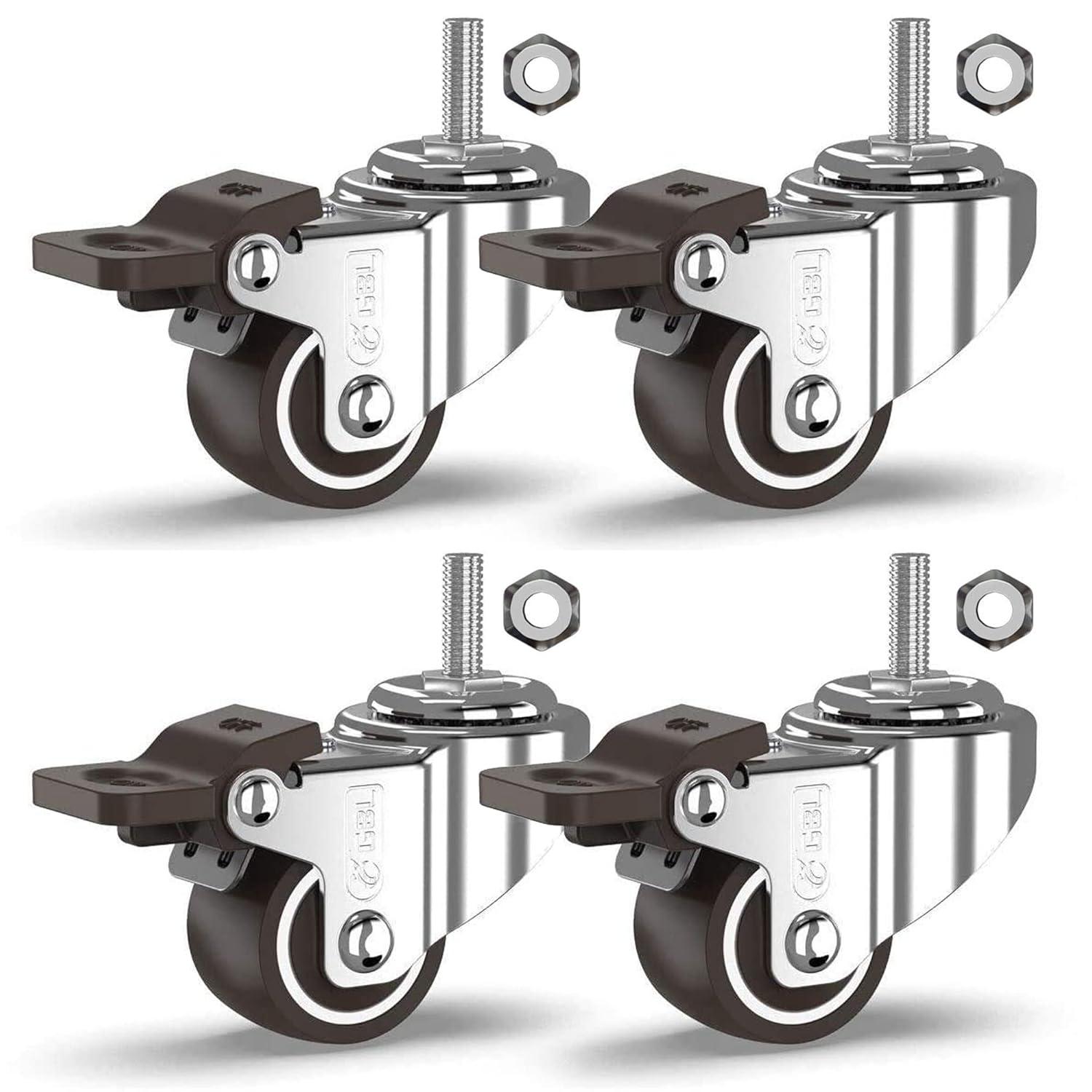 GBL Polyurethane 1 in Swivel Casters with Brakes, Silver, 4 Count, 4 Pack