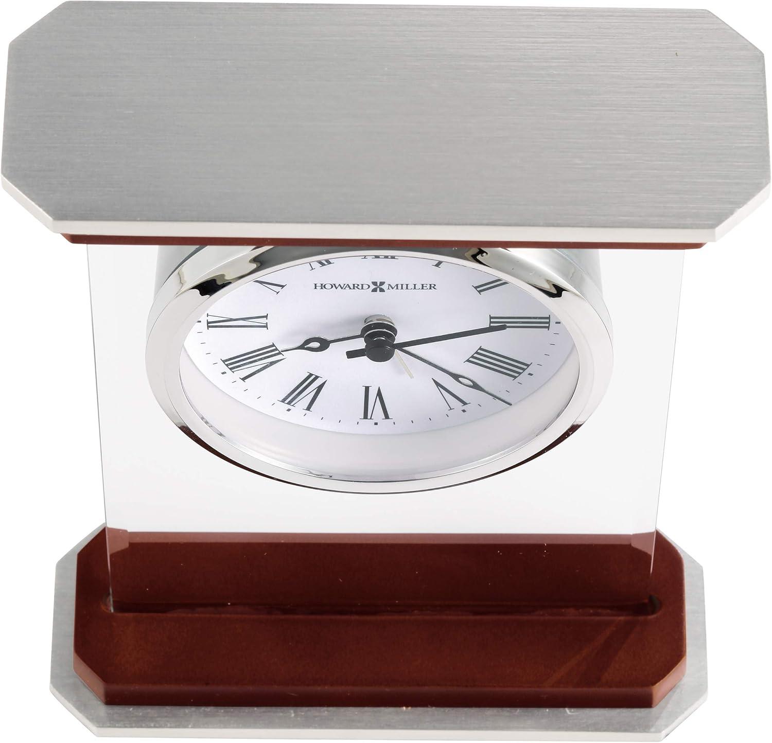 Howard Miller® Mayfield Modern & Contemporary Roman Numeral Rosewood Quartz Movement / Crystal Tabletop Clock with Alarm in White/Brown/Silver