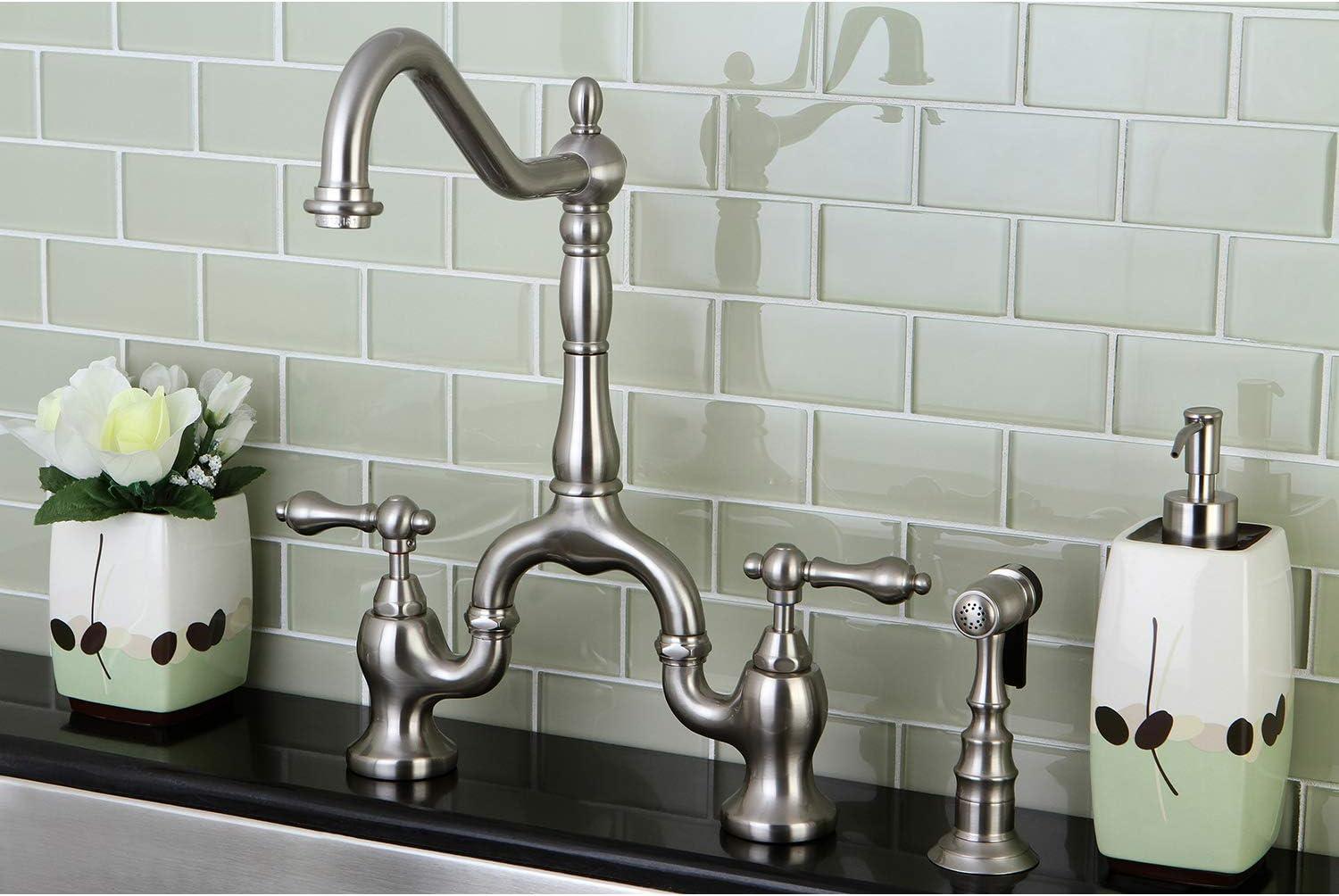 Kingston Brass English Country Two-Handle 3-Hole Deck Mount Bridge Kitchen Faucet with Brass Side Sprayer
