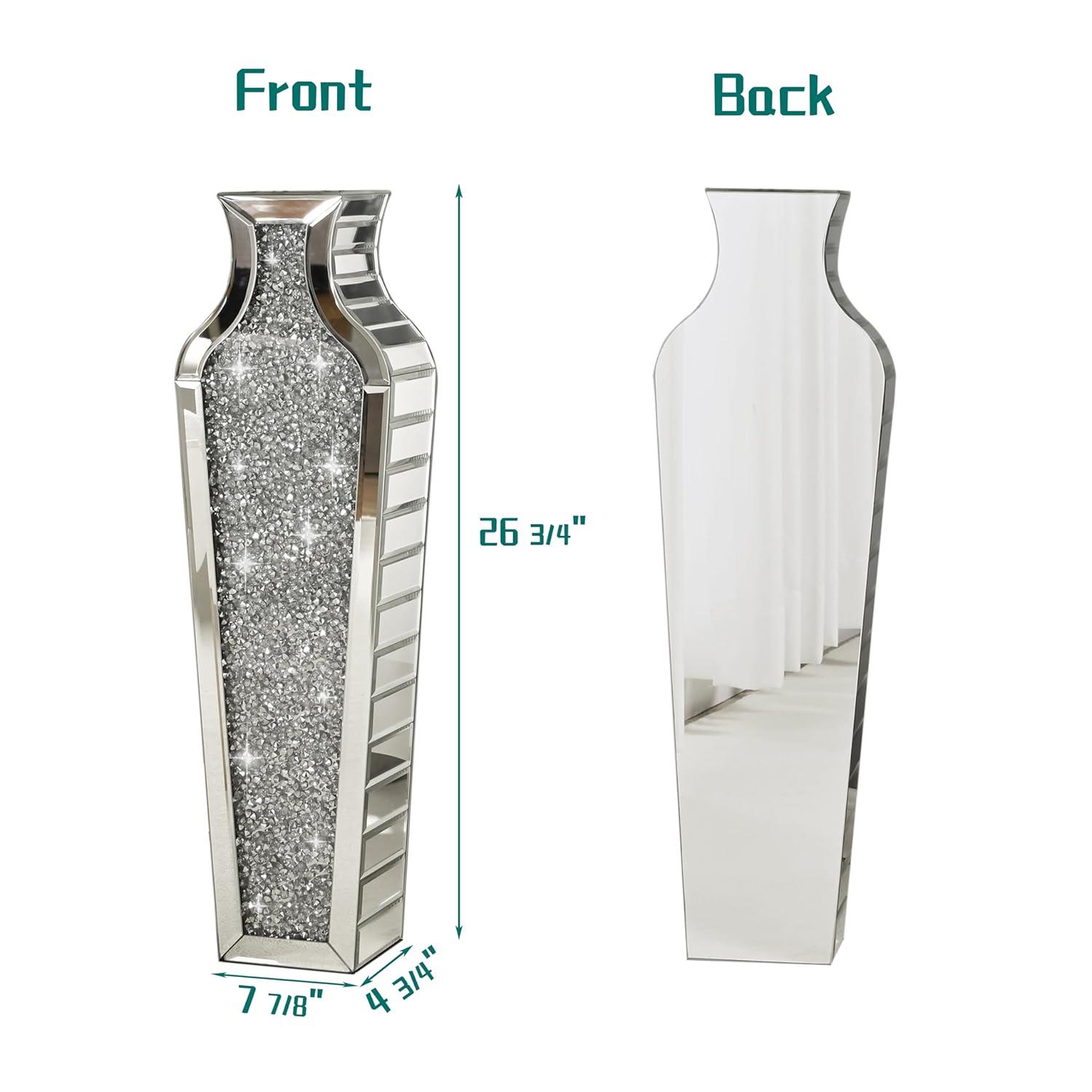 Tall Silver Mirrored Glass Floor Vase with Crushed Diamond