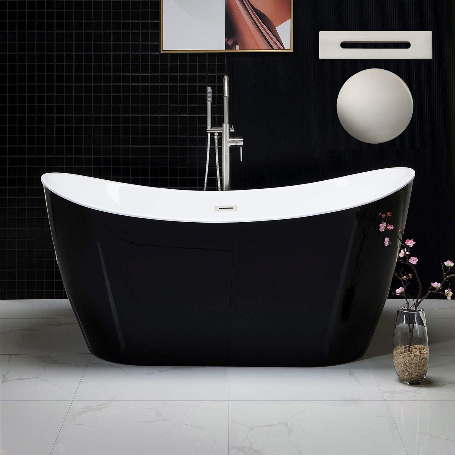 WoodBridge 59'' x 28.75'' Freestanding Soaking Acrylic Bathtub BTA-1816:Black/Brushed Nickel