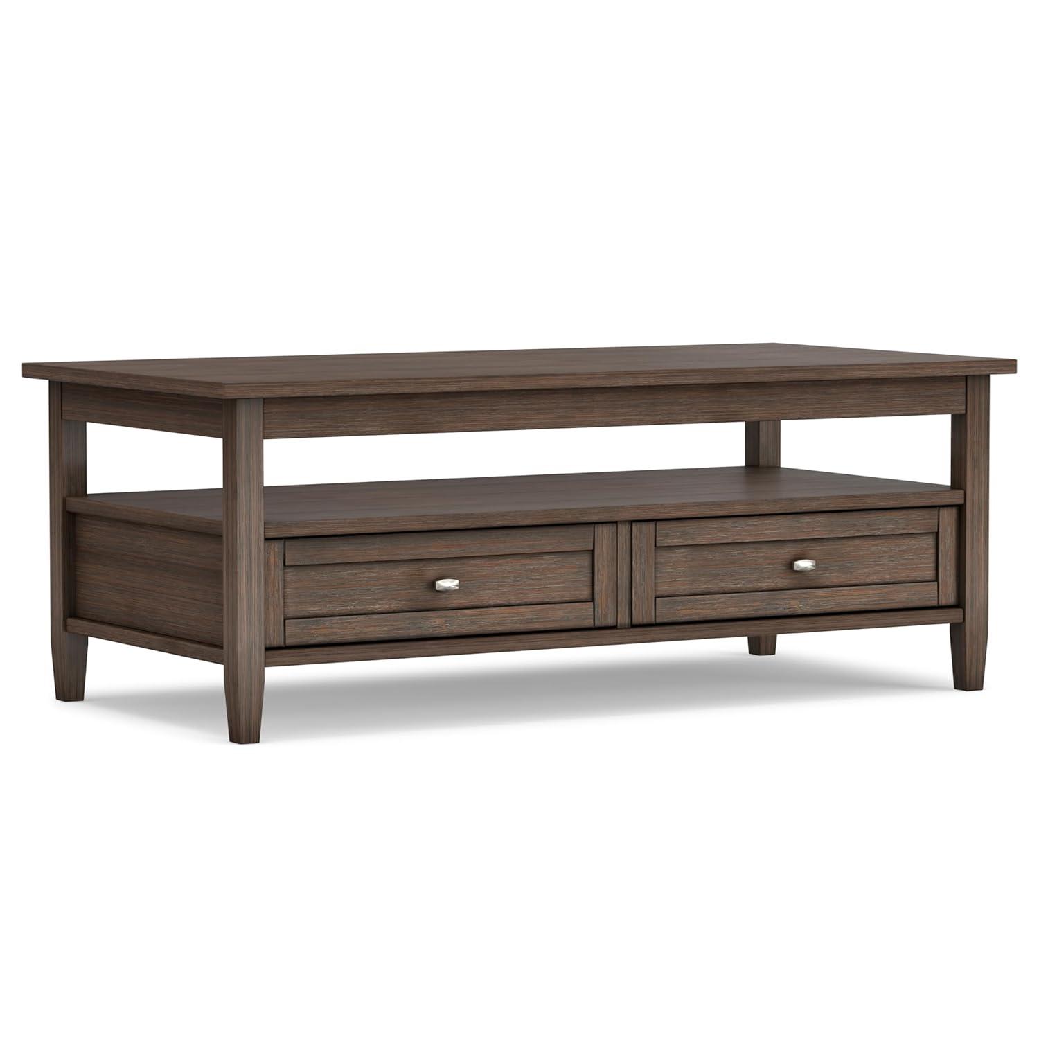 Simpli Home Warm Shaker 48"W Solid Wood Coffee Table with Two Storage Drawers and Open Shelf