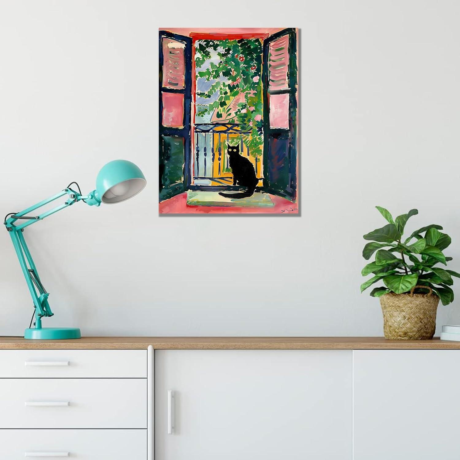 Henri Matisse Oil Paintings on Canvas Wall Art Matisse Famous Open Window Black Cat Poster Funny Cat Floral Print Colorful Farmhouse Gallery Aesthetic Room Decor for Bedroom Bathroom 12x16in Unframed