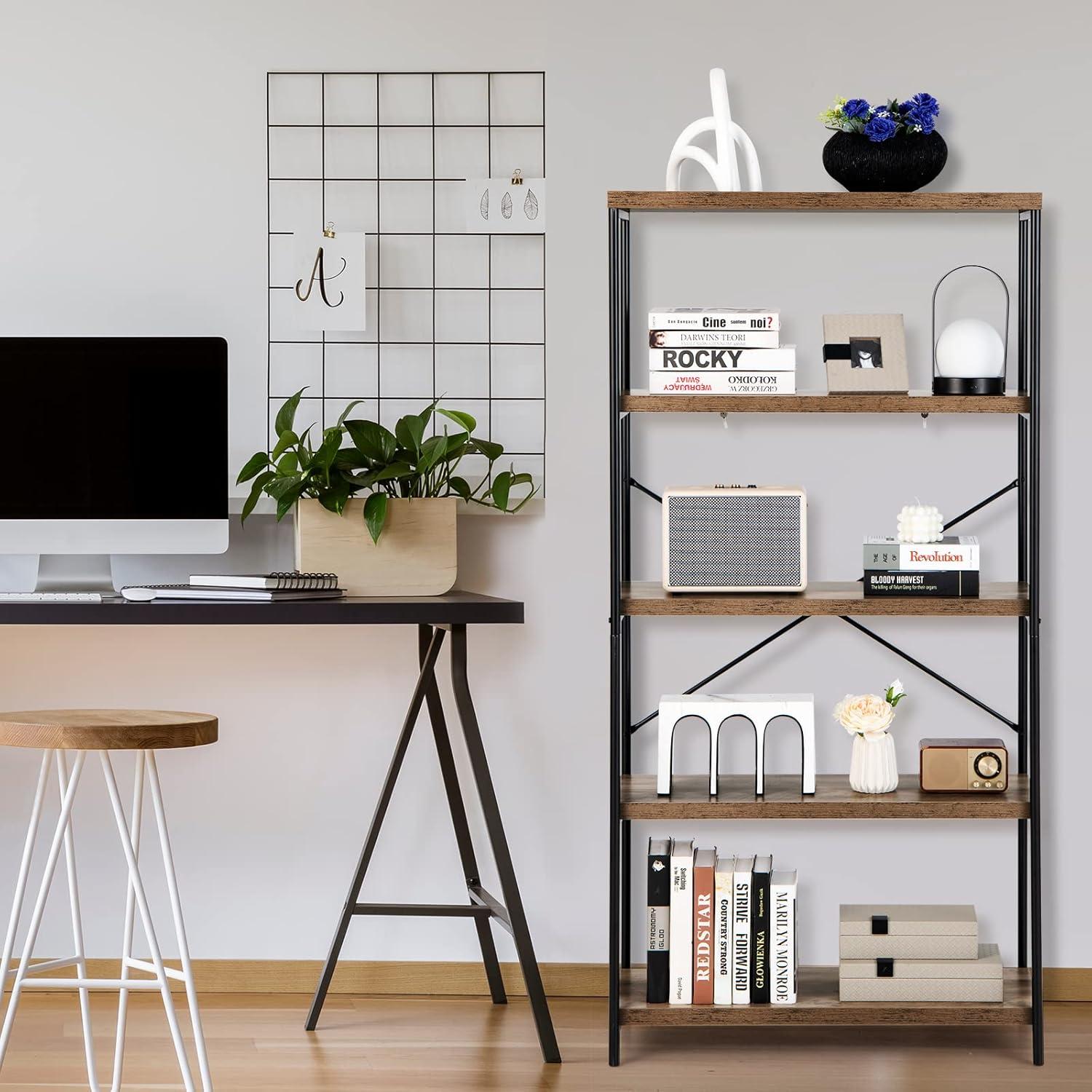 Rustic Brown Wood and Metal 5-Tier Bookcase