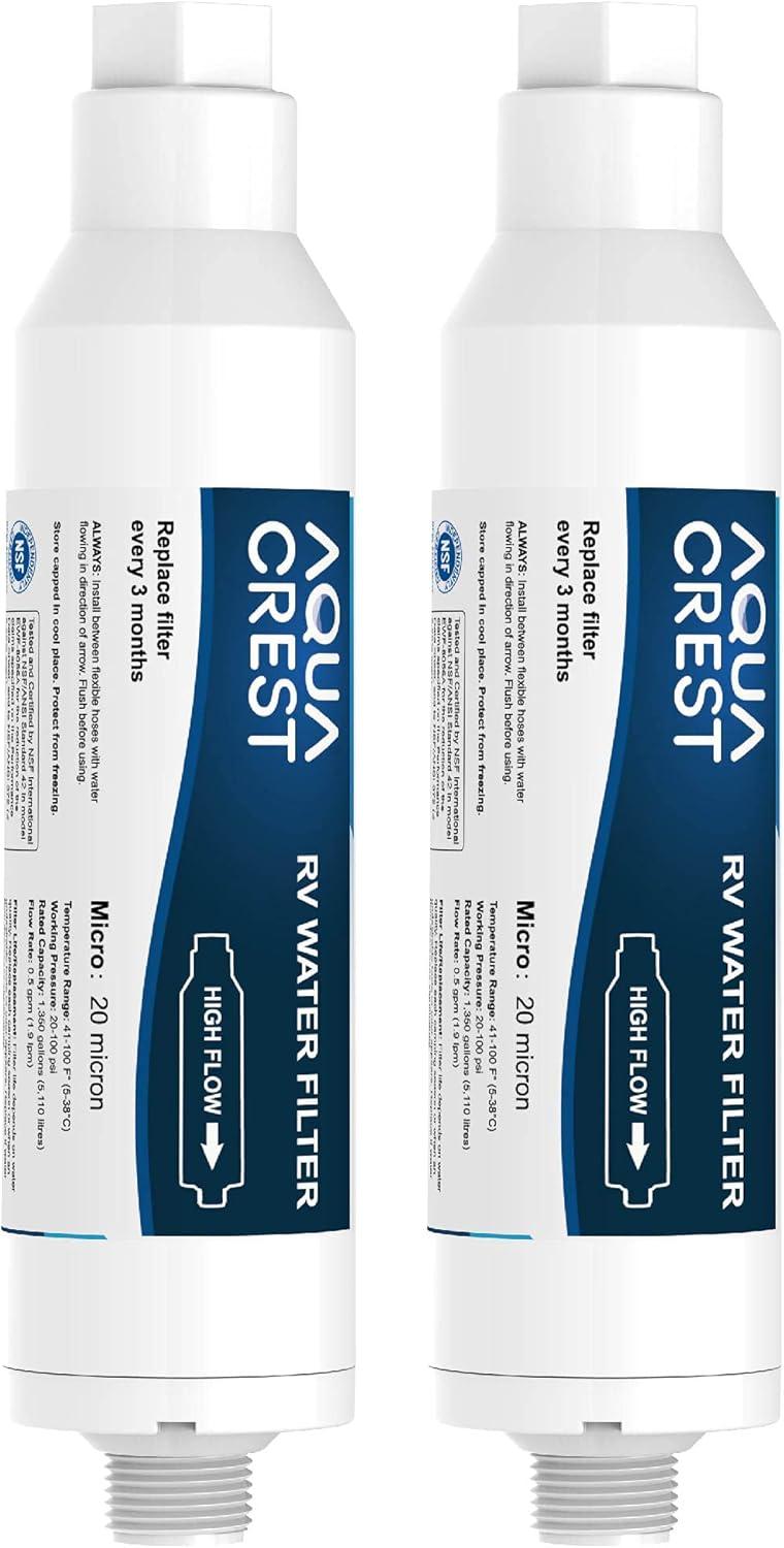 2 PACK, AQUA CREST RV Inline Water Filter with Hose Protector, NSF Certified, Greatly Reduces Chlorine, Bad Taste, Odor in Drinking Water, KDF Filter for RVs and Marines (Packaging May Vary)