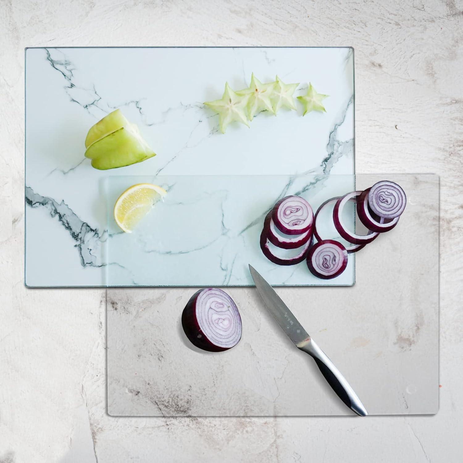 Tempered Glass Cutting Board for Kitchen, Clear Glass Board for Countertop, Heat Resistant, with Non-Slip Feet, 12x16" & 12x8" 2 Pcs Clear