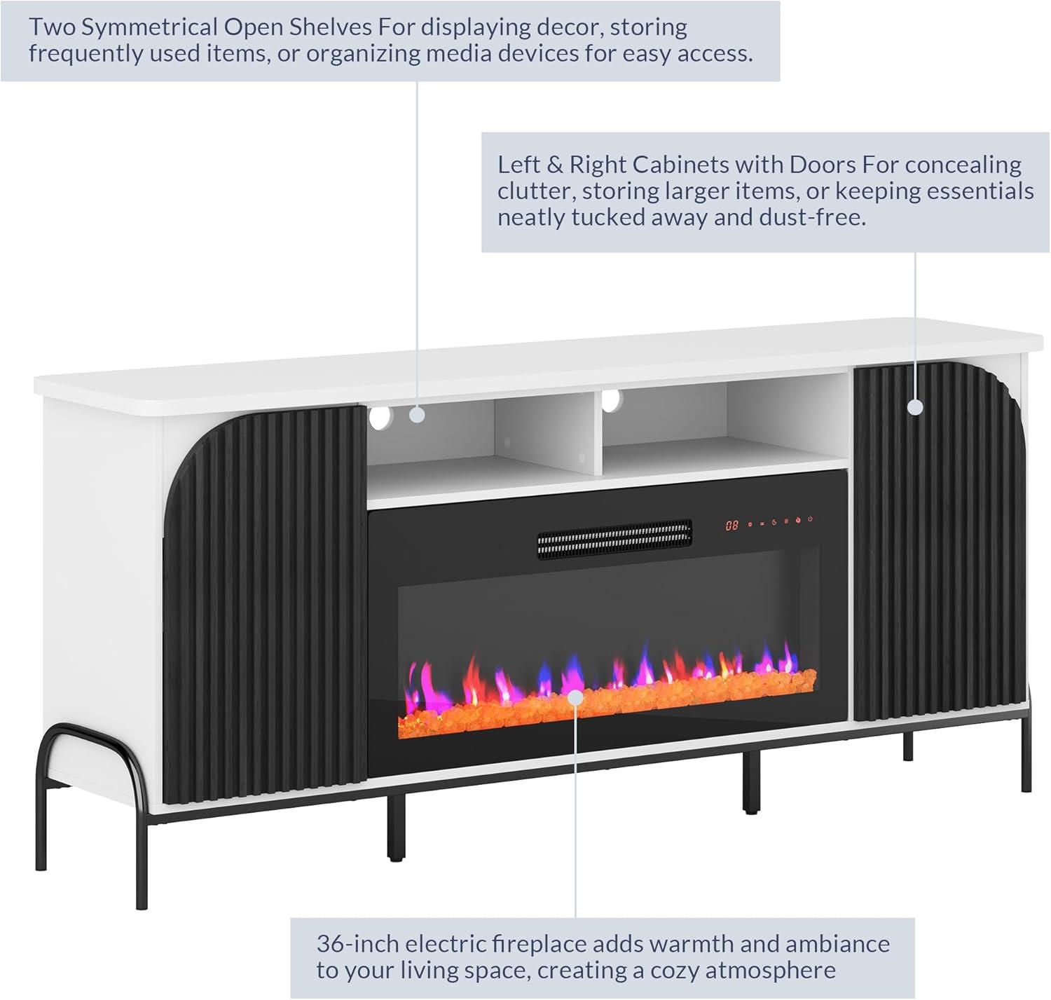 BELLEZE 68 Inch Fluted TV Stands with 36" Electric Fireplace, Modern Fluted Entertainment Center with Open Storage Shelves& Cabinets, Media Console TV Cabinet For Living Room Bedroom (White)