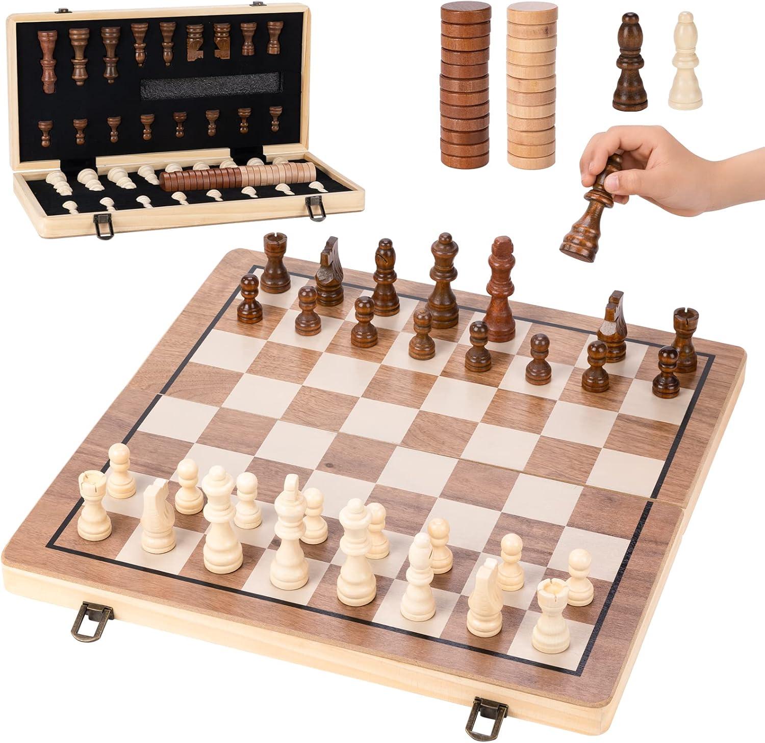 15" Folding Wooden Chess Set with Hand-Carved Pieces