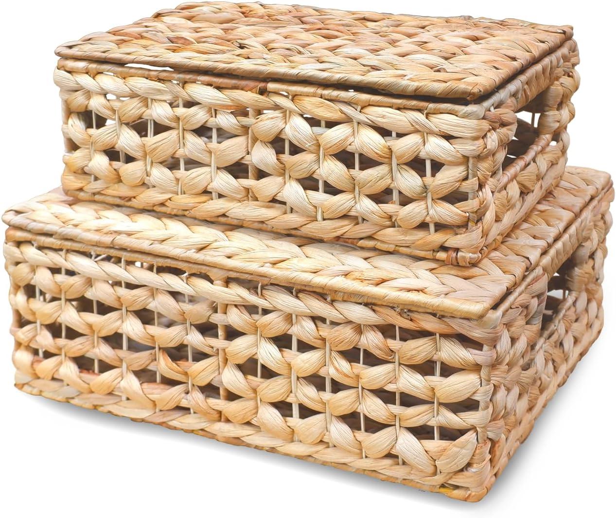 Set Of 2 Rectangular Wicker Storage Bins With Lid, Rattan Basket Decorative Boxes, Multipurpose Organizer Rattan Display Boxes For Shelf Organizer, Boho Rattan Box For Home Decoration