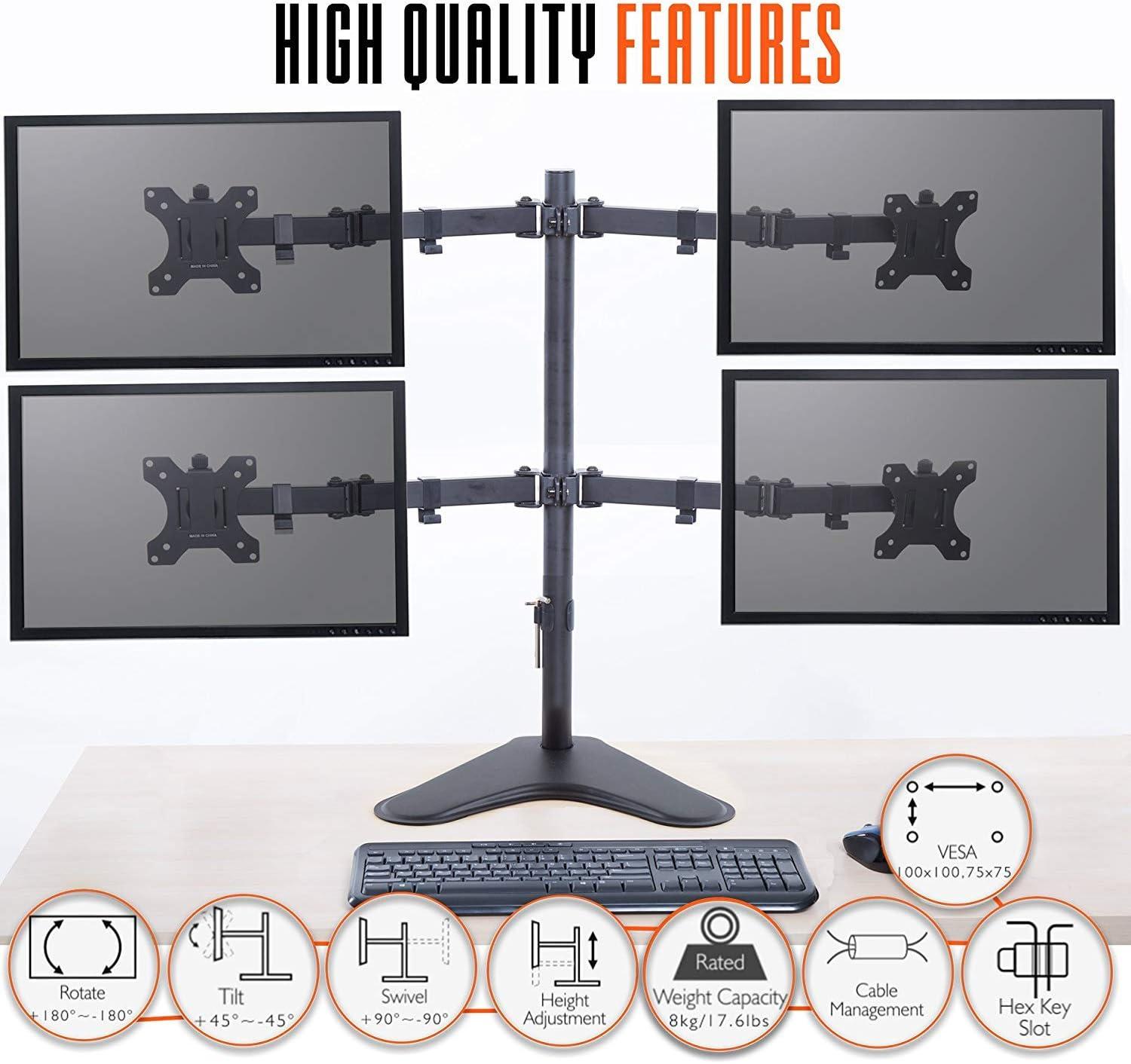 Quadruple Monitor Mount Freestanding Monitor Arm with 4 Adjustable VESA Mounts Black Stand Steady