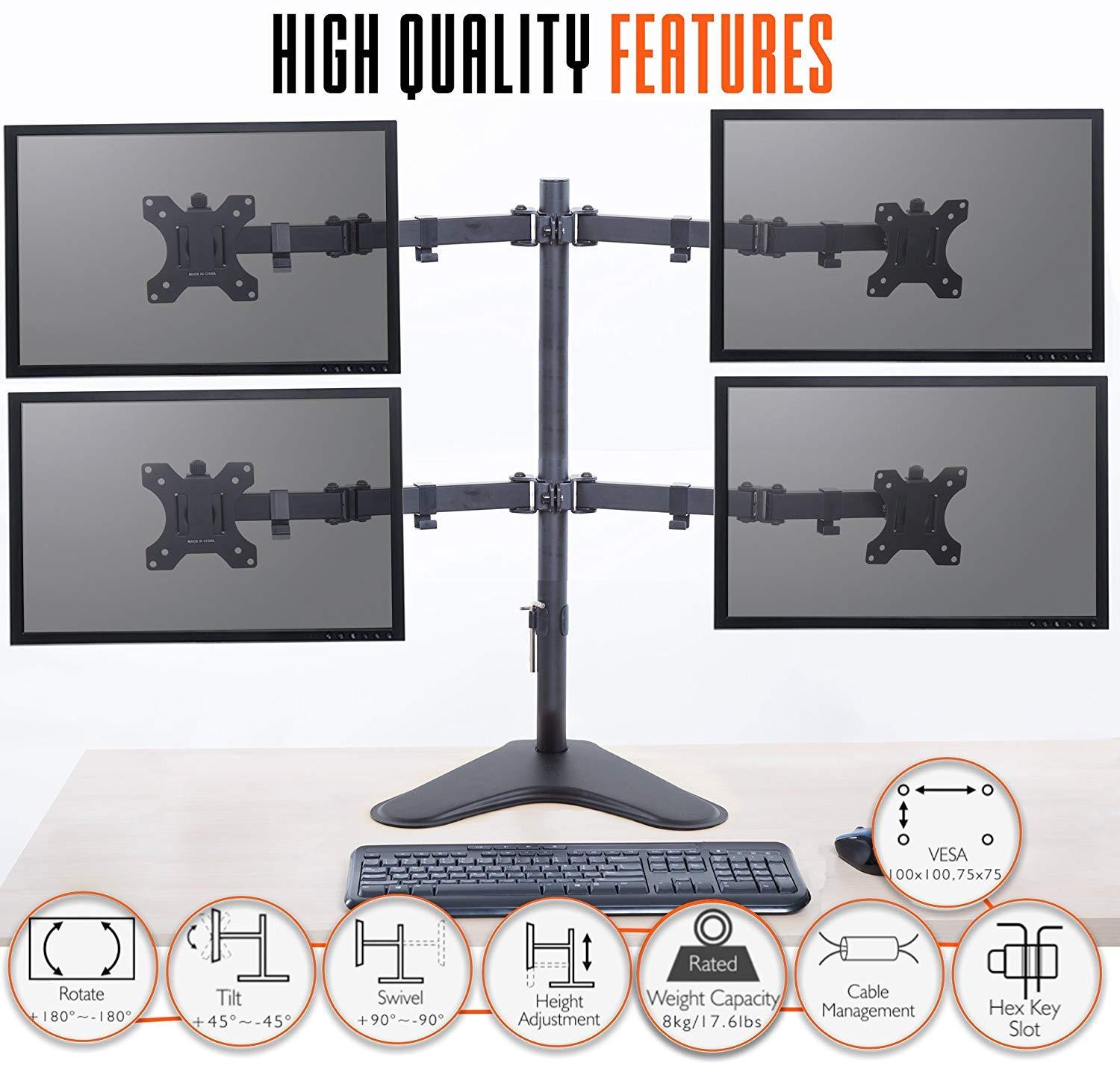 Quadruple Monitor Mount Freestanding Monitor Arm with 4 Adjustable VESA Mounts Black Stand Steady