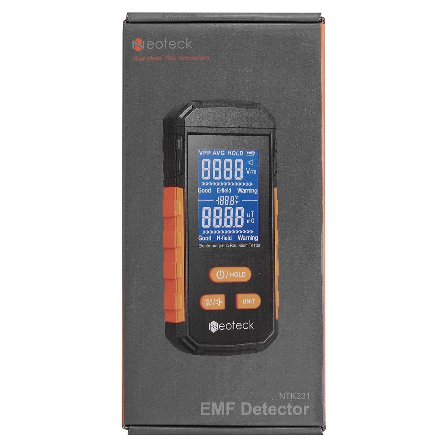 Neoteck 3-in-1 EMF Meter Rechargeable Electromagnetic Radiation Detector for EF MF and Temperature LCD Backlit Audible Alarm 1~1999V/m Electric Field 0.01~99.99ut Magnetic Field(RF Not Included)