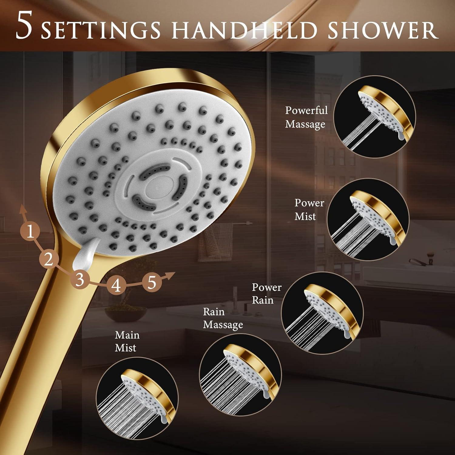 Shower Head, 10" High Pressure Rain shower head with Handheld Spray Combo, 6 Settings Handheld with 78" Anti-leak Hose, 11" Adjustable Extension Arm, Ultra Thin Water Saving, Gold, AWAXFOLO