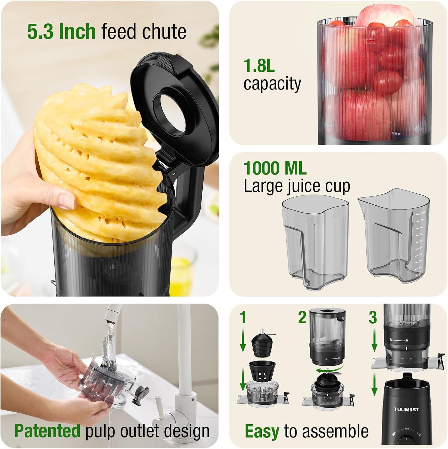 MODERN WALLS LLC Juicer Machines, Cold Press Juicer With 5.3" Extra Large Feed Chute Fit Whole Fruits & Vegetables Easy To Clean, High Juice Yield, BPA Free