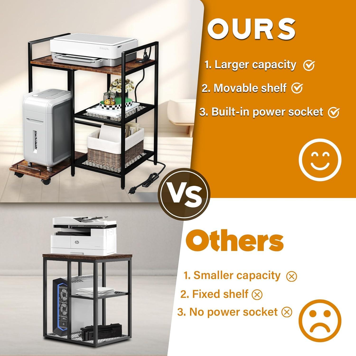 TC-HOMENY 3-Tier Printer Stand with Storage, Charging Station & Open Shelves for Home Office - Multi-Functional Home Printer Stand, Wooden