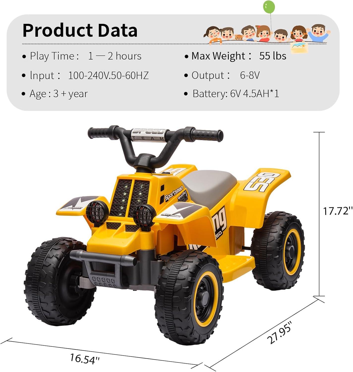 Yellow 6-Volt Kids Electric Quad ATV with LED Headlights