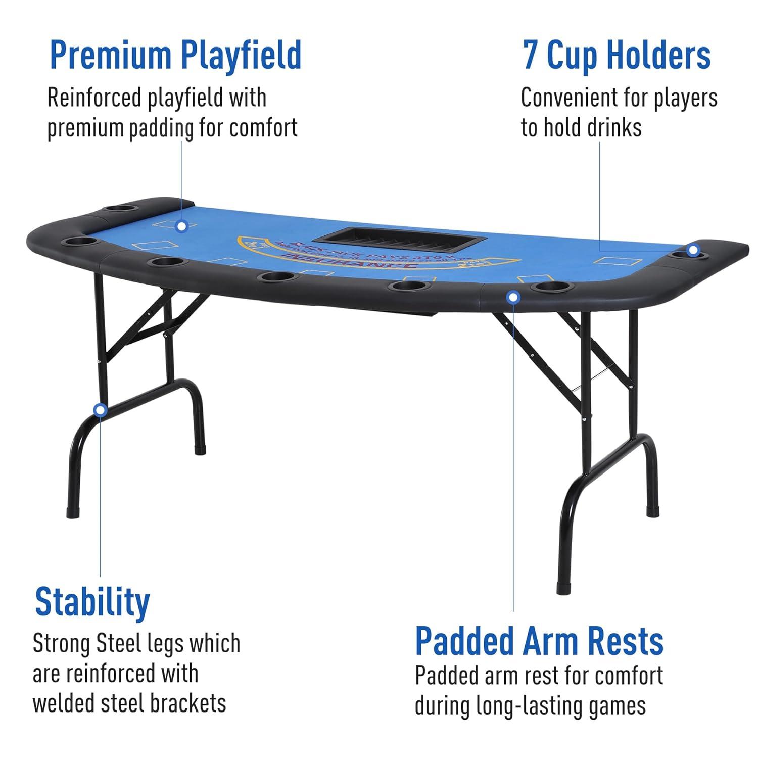 Soozier Soozier Poker Table Foldable, 72" Blackjack Table for 7 Players with Chip & Cup Holder, Blue Felt
