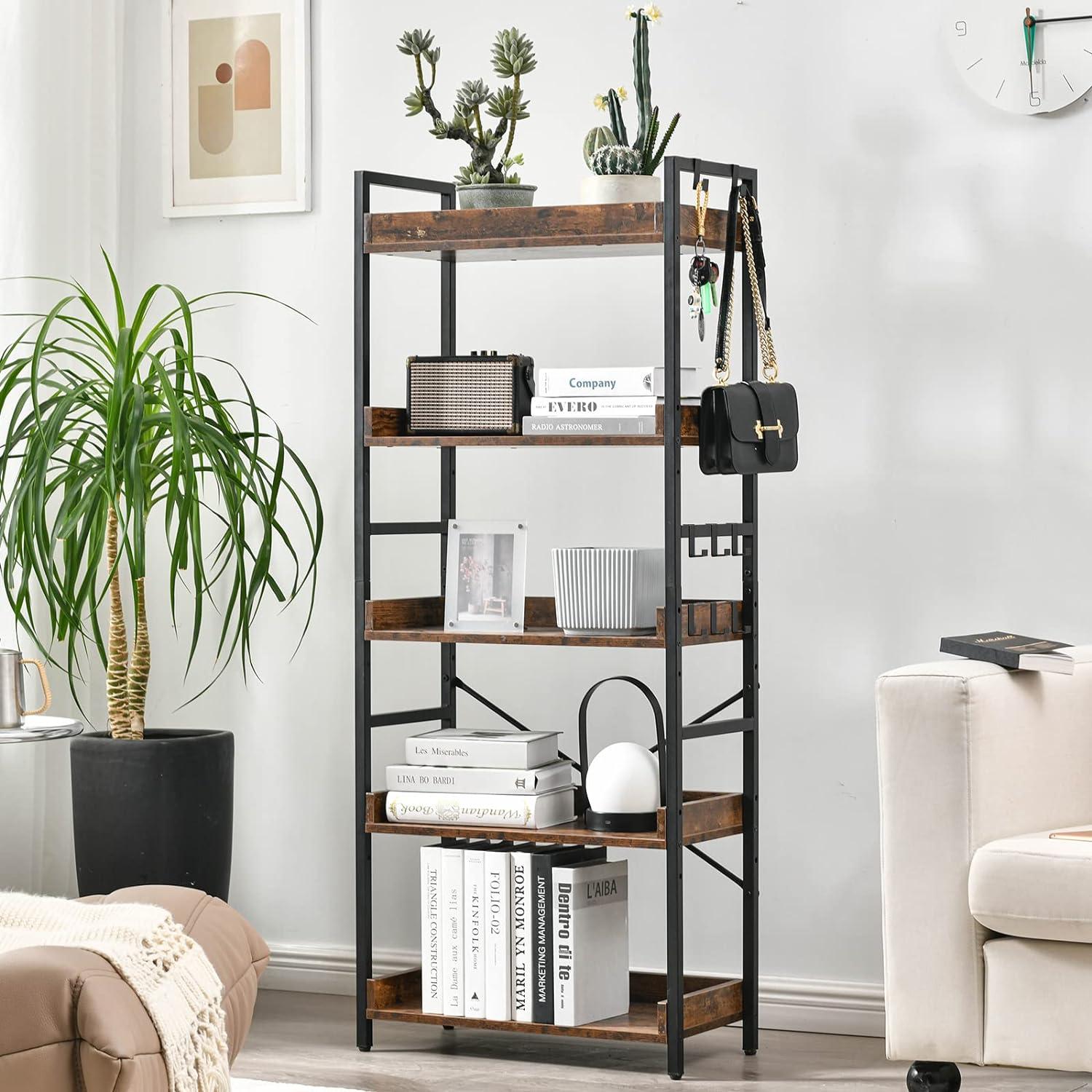 Adjustable Black Metal and Wood 5-Tier Bookshelf