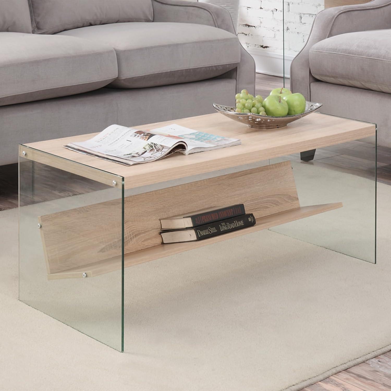 Convenience Concepts SoHo Glass Coffee Table with Shelf, Weathered White/Glass