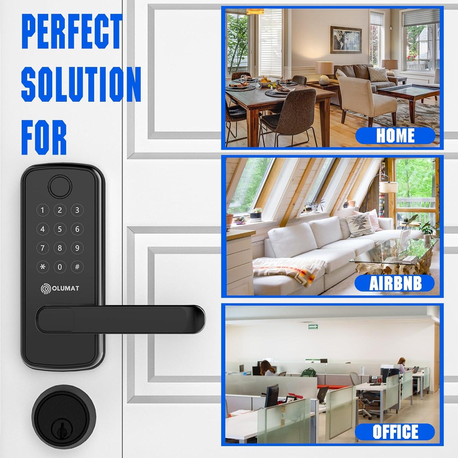 Smart Door Lock, OLUMAT Keyless Entry Door Lock Fingerprint Door Lock with Keypad Digital Door Lock with Handle for Home, Rental, Office and Hotel-Black
