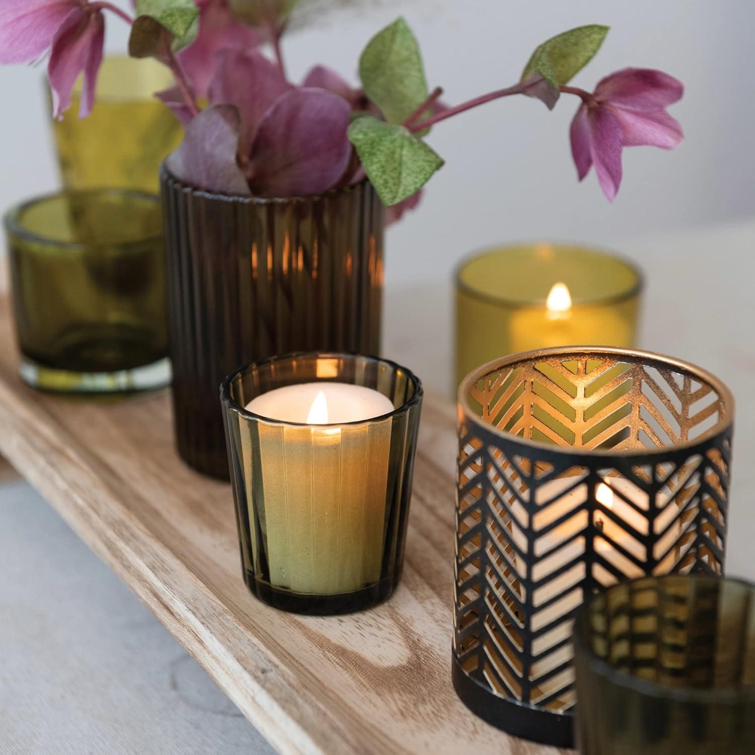 Paulownia Wood Tray with Glass & Metal Votive Holders Set, Green